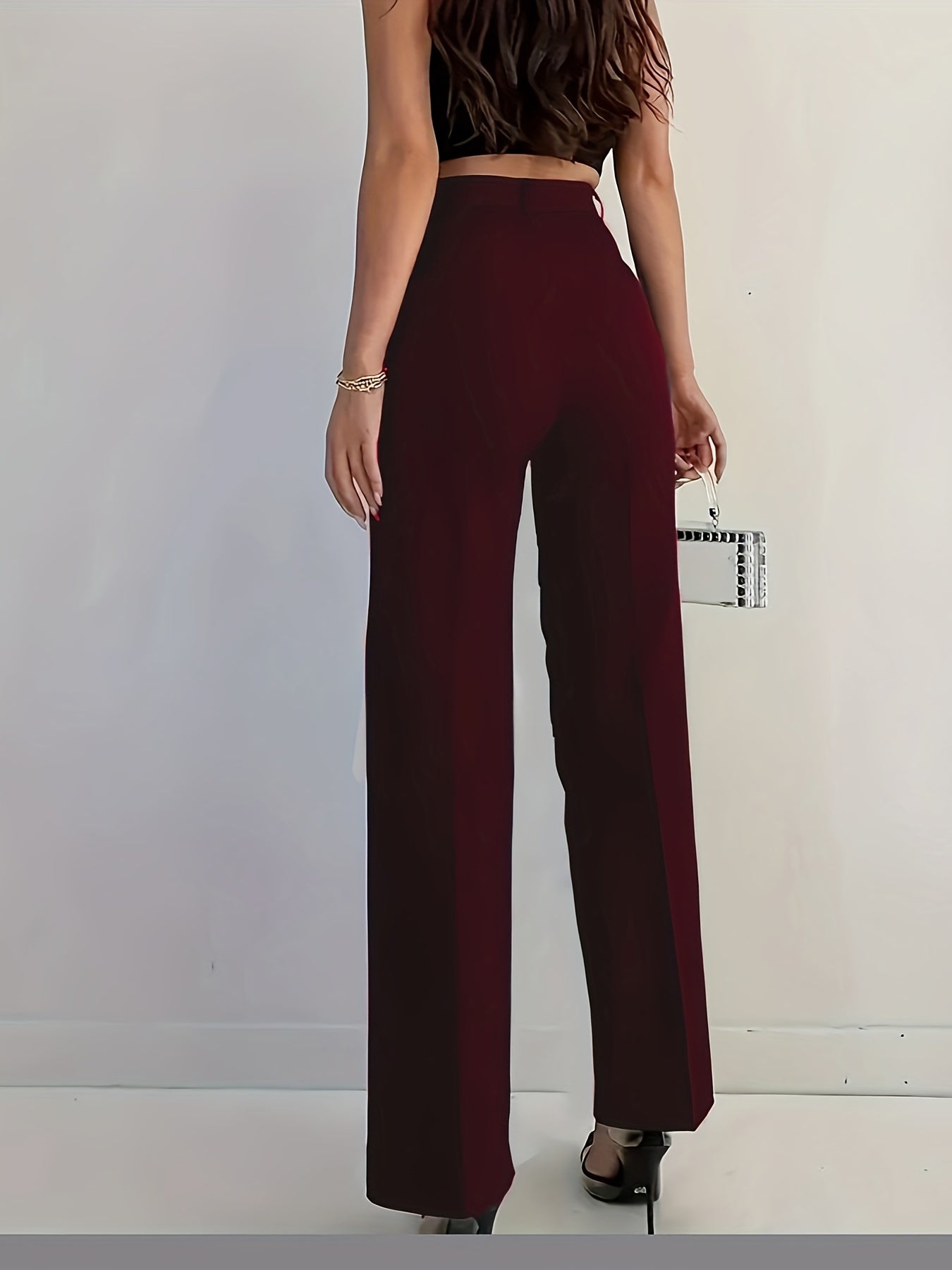 *Solid Color High Waist Straight Leg Pants, Elegant Pants Women's Clothing.