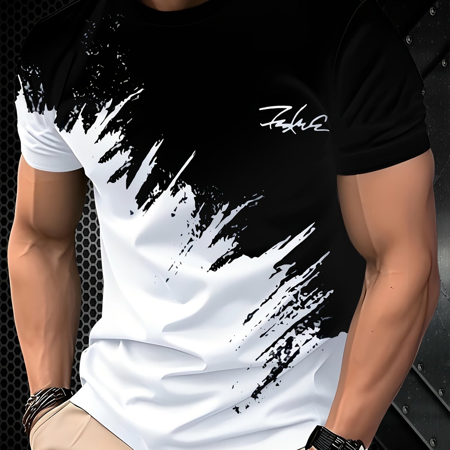 Men’s 3D Print Black and White Colour Block T-Shirt | Product Universal