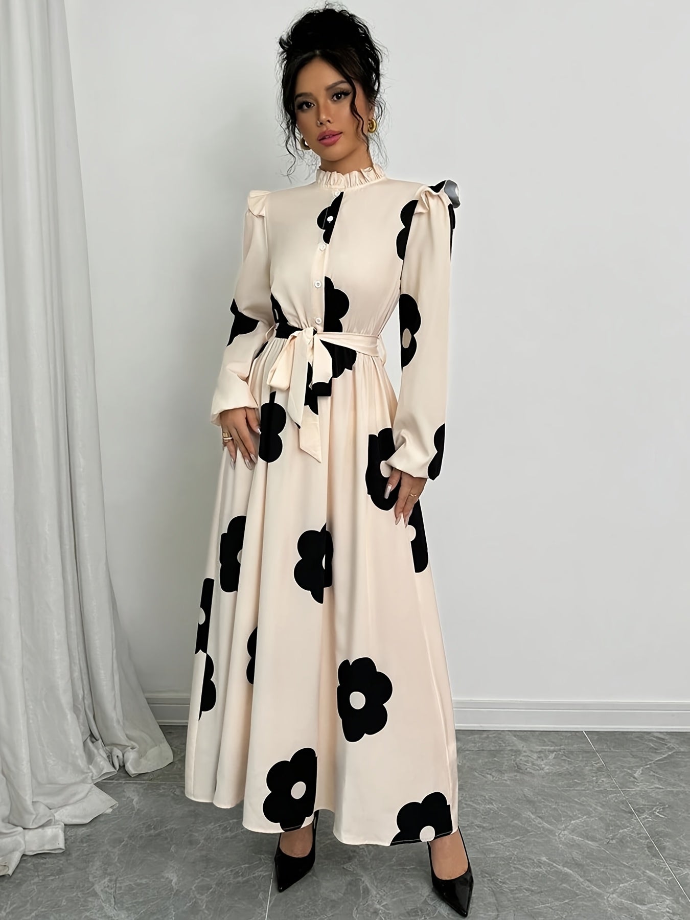 Elegant Floral Print Long Sleeve Dress.