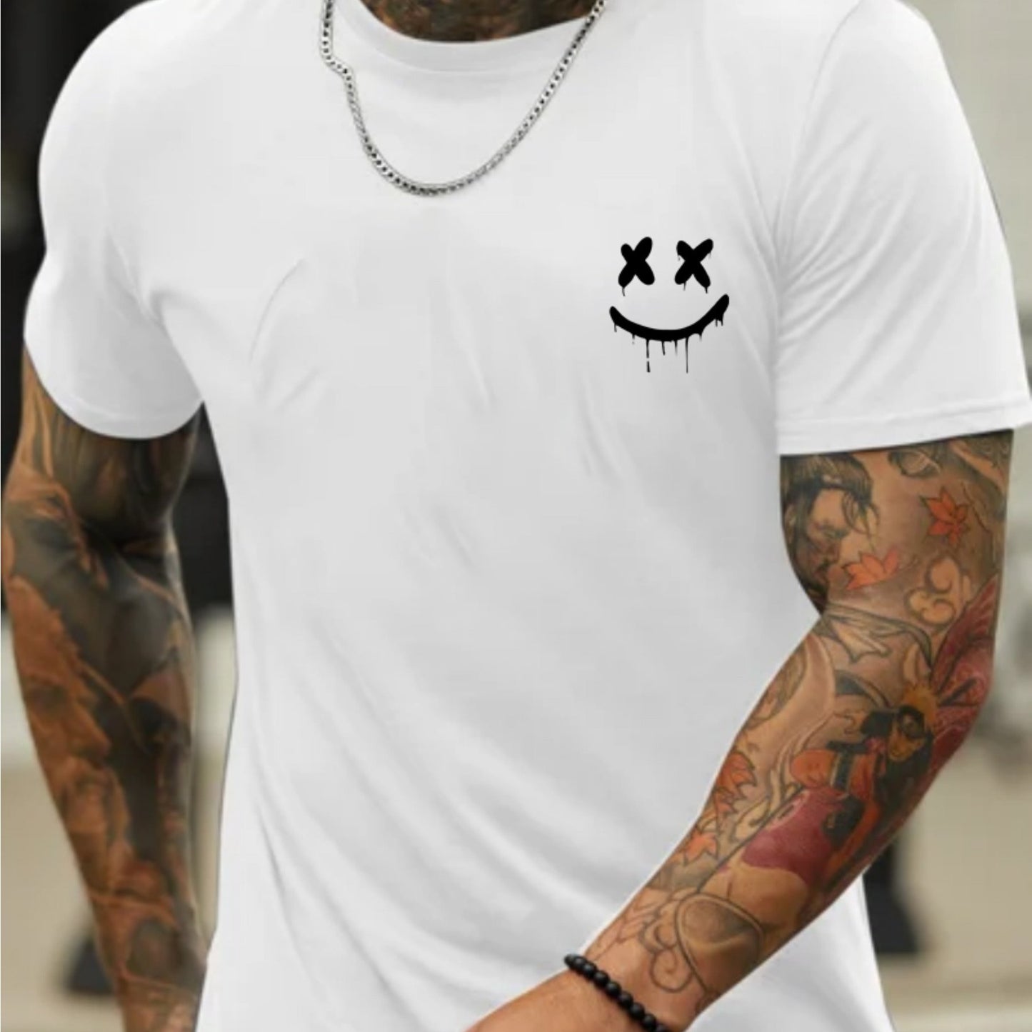 Smile Face Graphic Print Men's Creative Top, Casual Short Sleeve Crew Neck T-shirt, Men's Clothing .