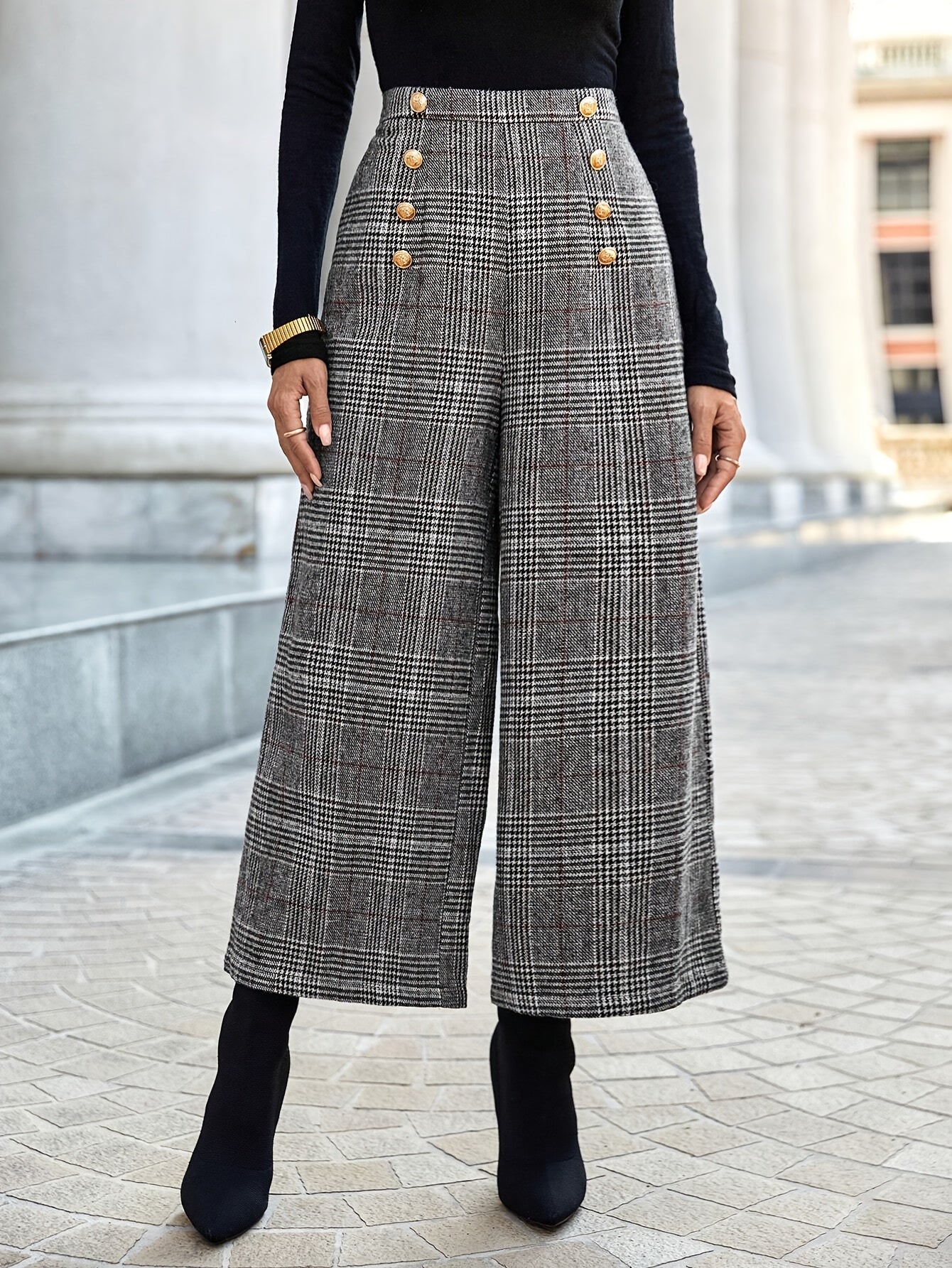 Plaid Button-Decor High-Waist Pants  Elegant Wide-Leg Pants  | Product Universal