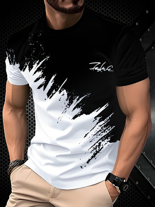 Men’s 3D Print Black and White Colour Block T-Shirt | Product Universal