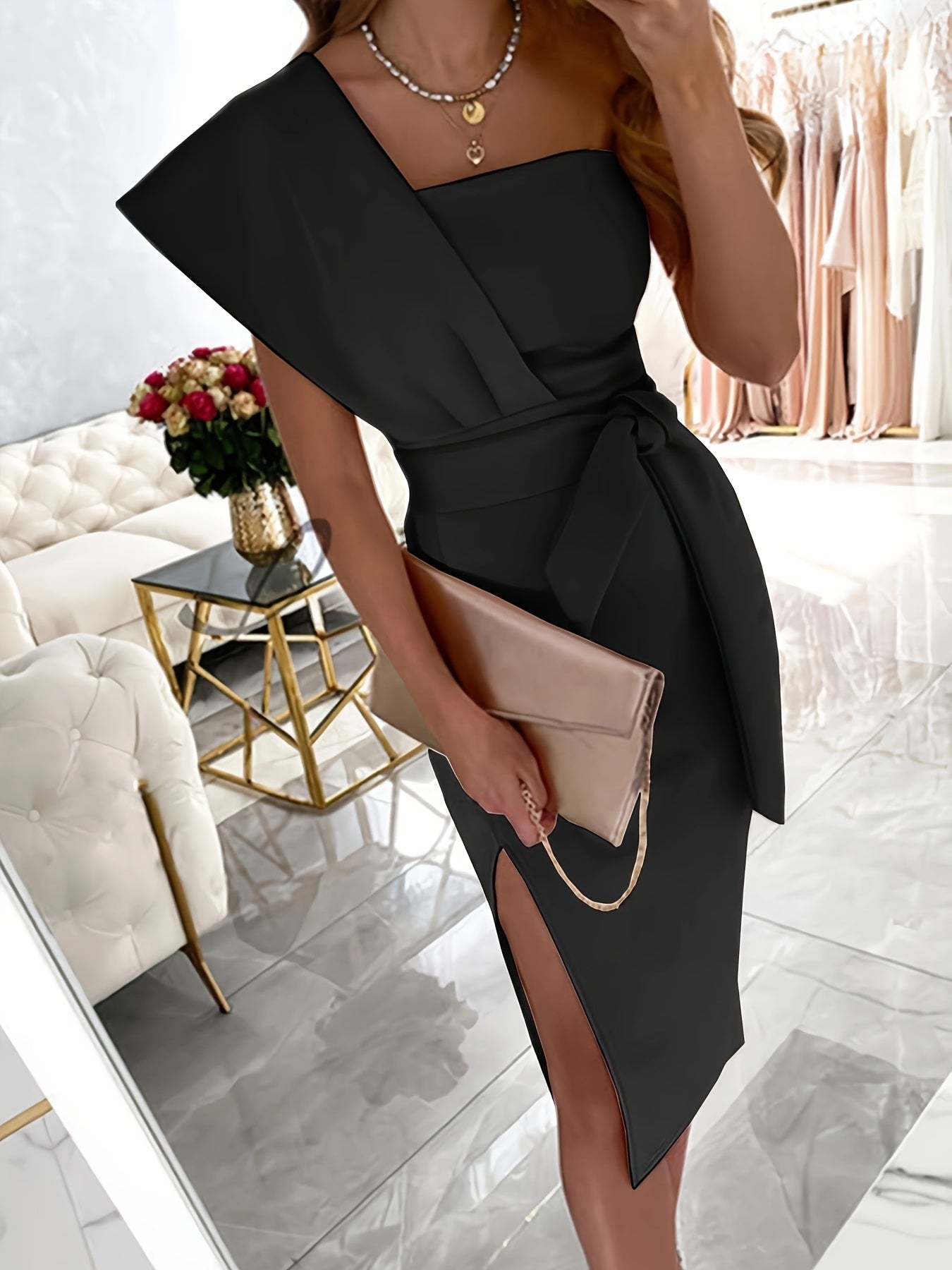 Elegant One-Shoulder Pencil Dress with Belt - Sexy Split Hem, Bodycon Fit for Women