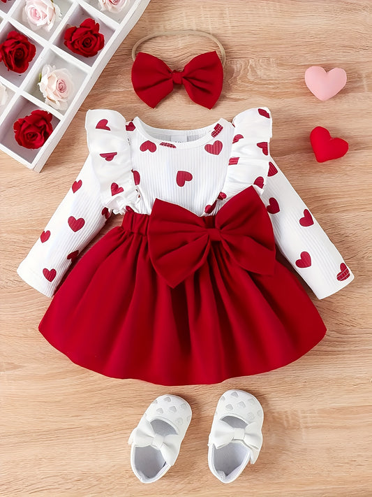 Baby Girl's Sweet Romantic Heart Print Ruffle Long Dress.