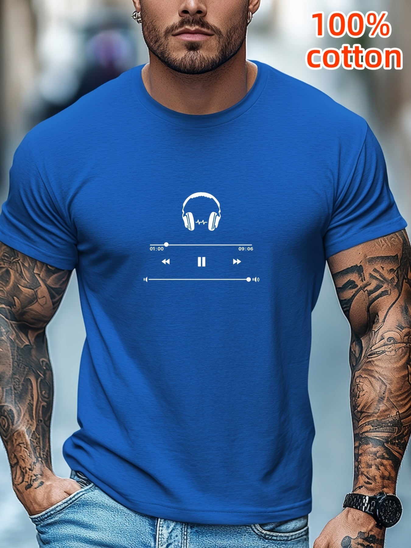 Men's Cotton T-Shirt with Headphones Music Design.