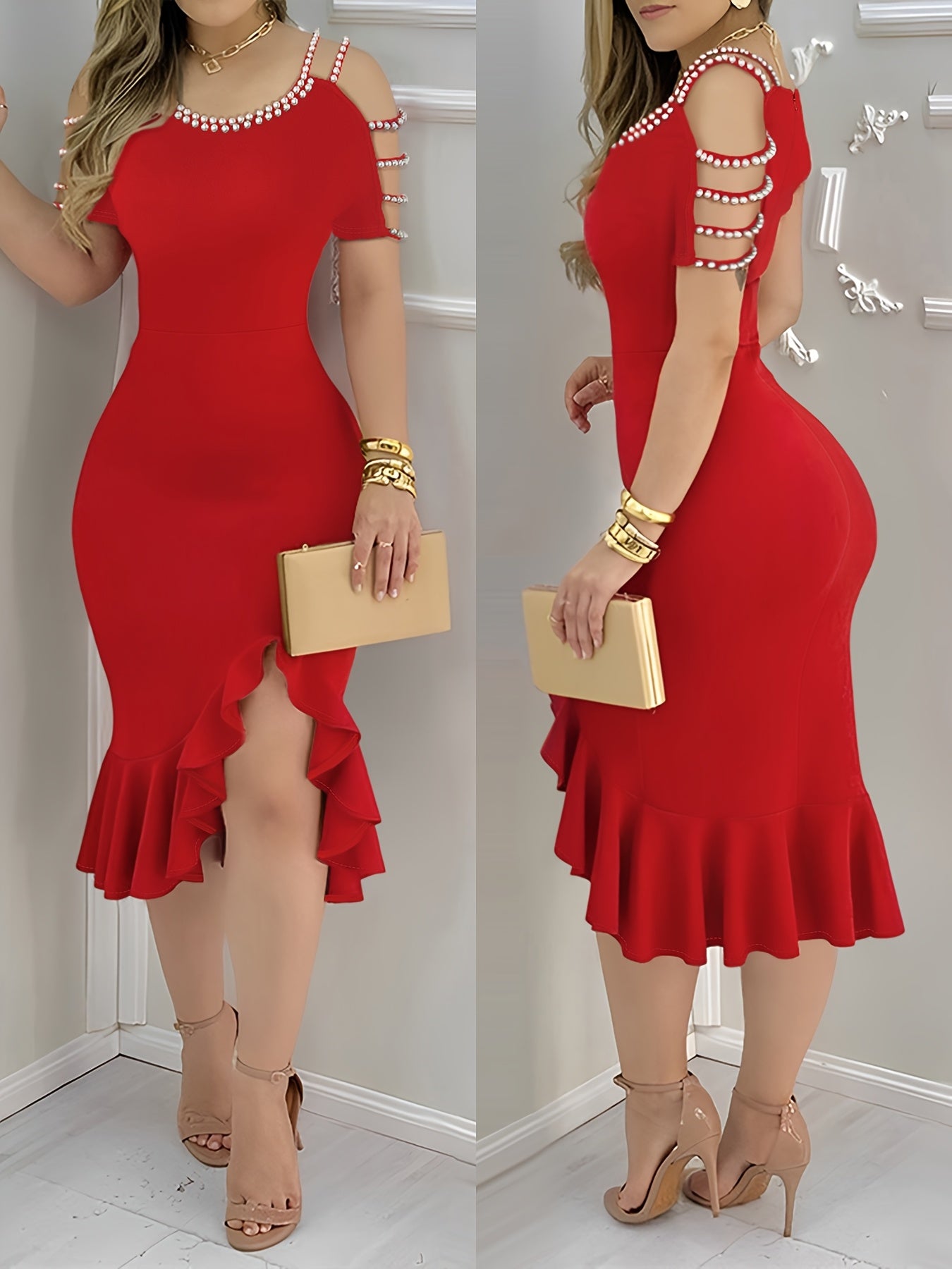 Chic Beaded U-Neck Short Sleeve Ruffle Hem Bodycon Dress,