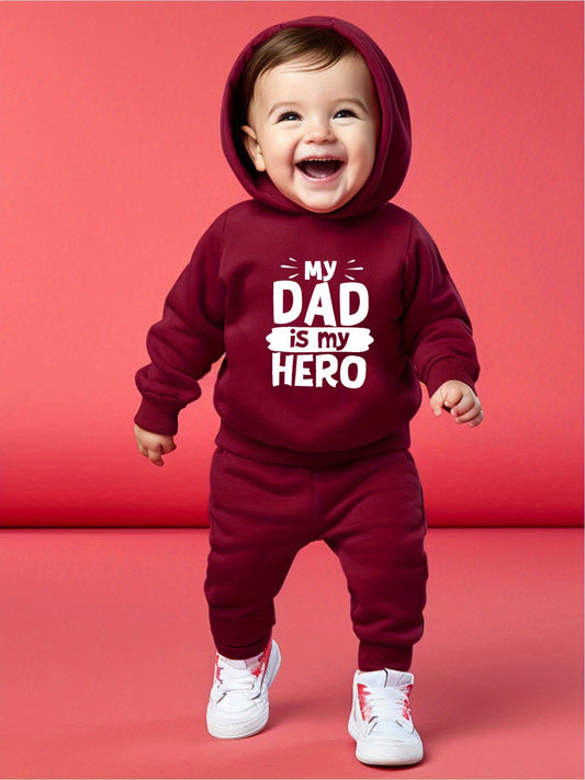 2pcs - DAD IS MY HERO... Print Long Sleeve Hooded Sweatshirt + Pants Set -