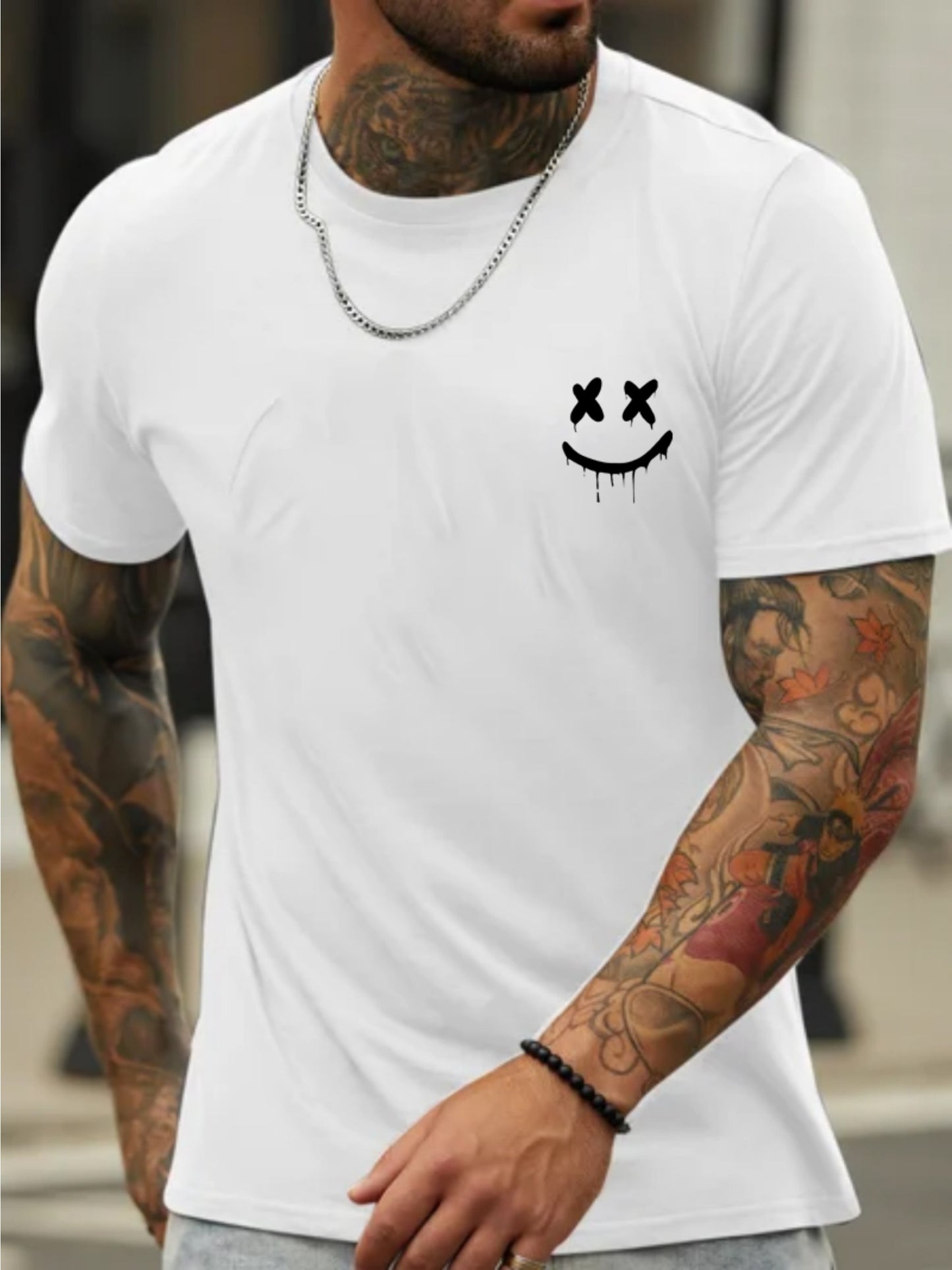 Smile Face Graphic Print Men's Creative Top, Casual Short Sleeve Crew Neck T-shirt, Men's Clothing .