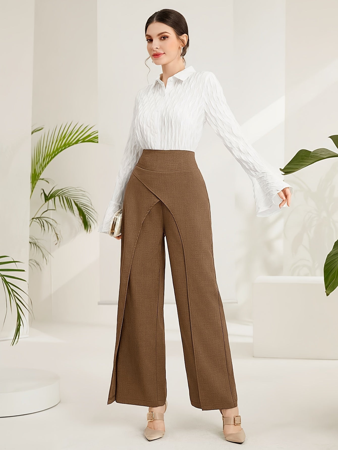 Solid Wide-Leg Layered Pants  | Product Universal