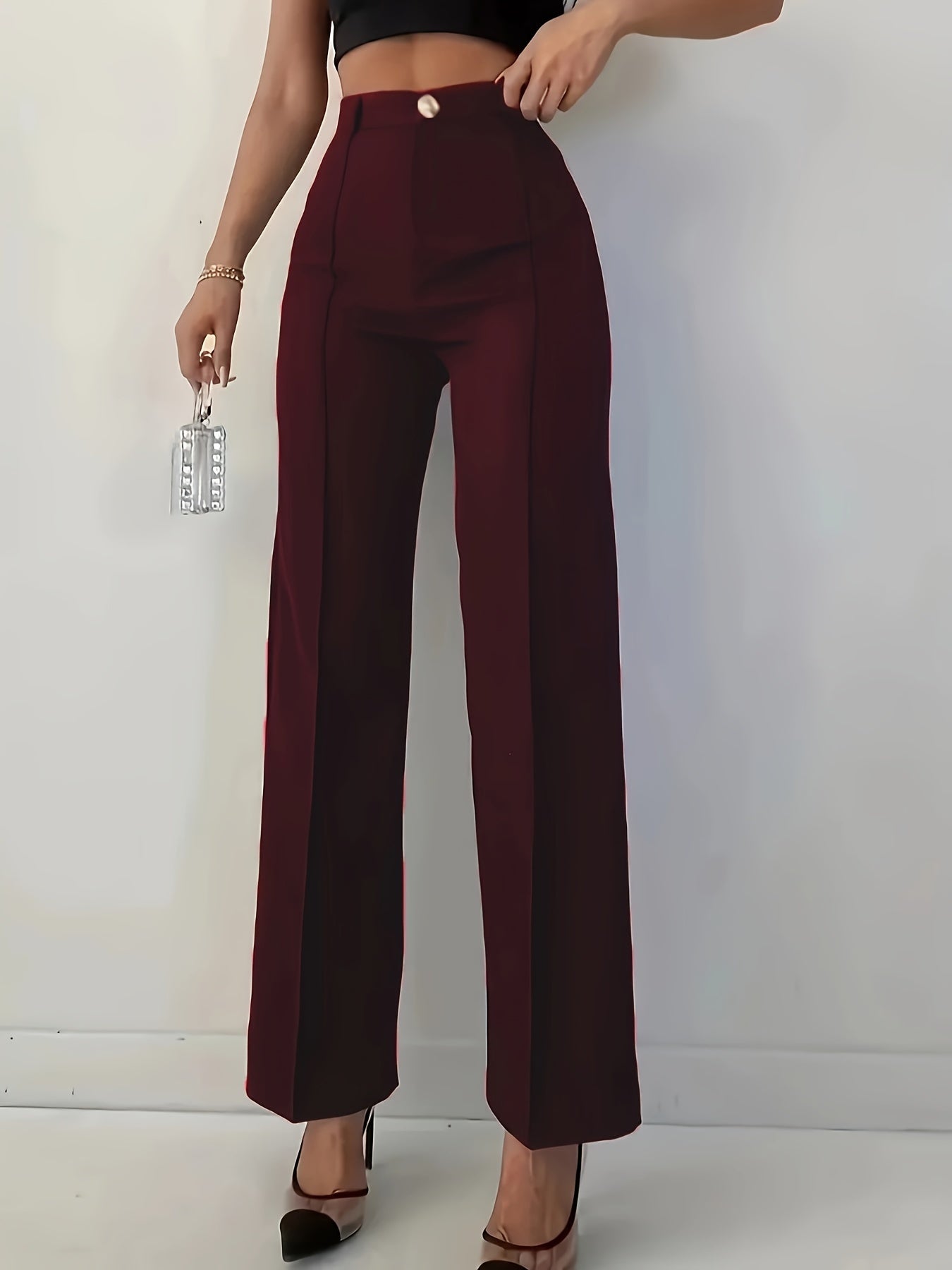 *Solid Color High Waist Straight Leg Pants, Elegant Pants Women's Clothing.