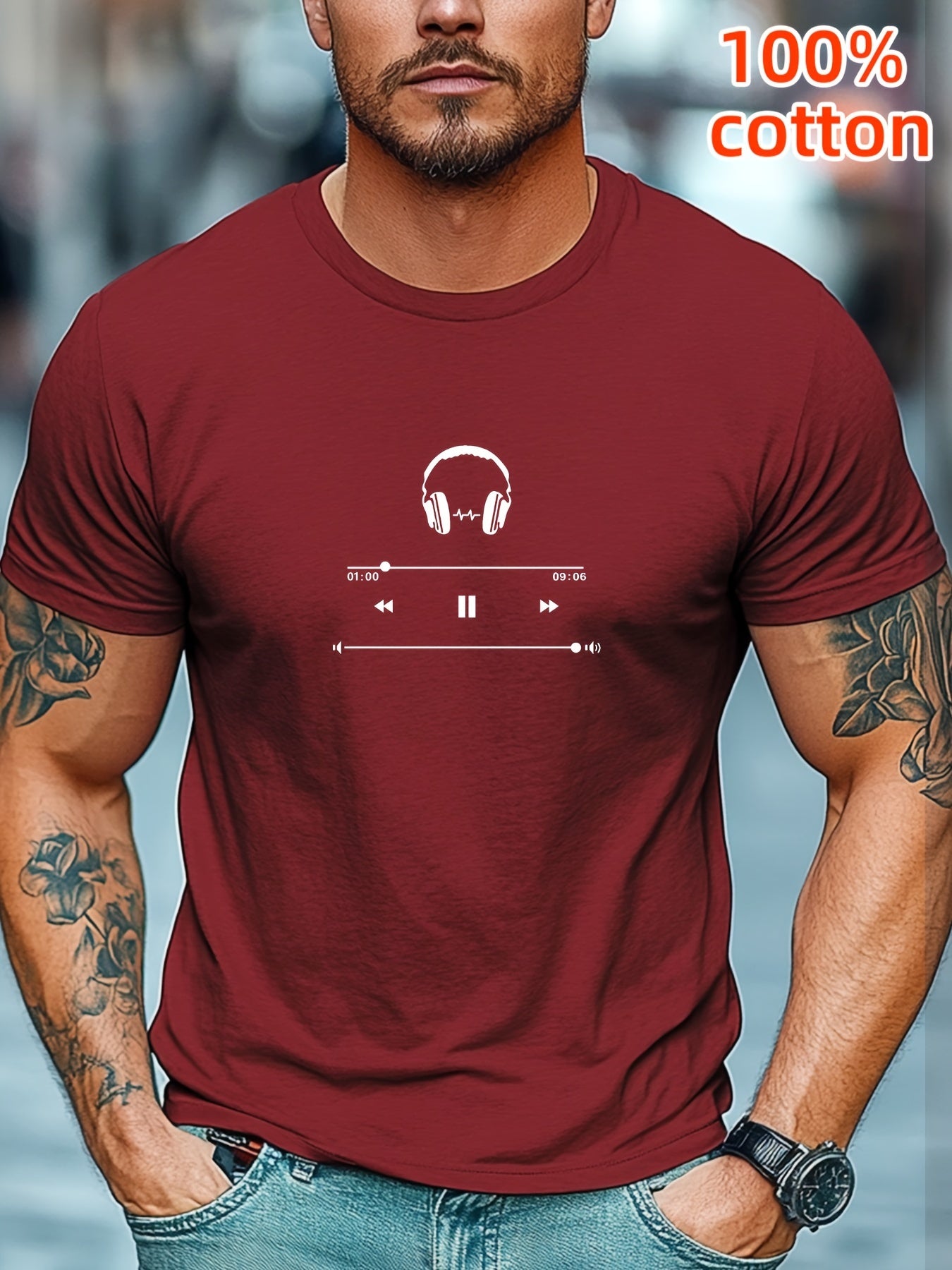 Men's Cotton T-Shirt with Headphones Music Design.