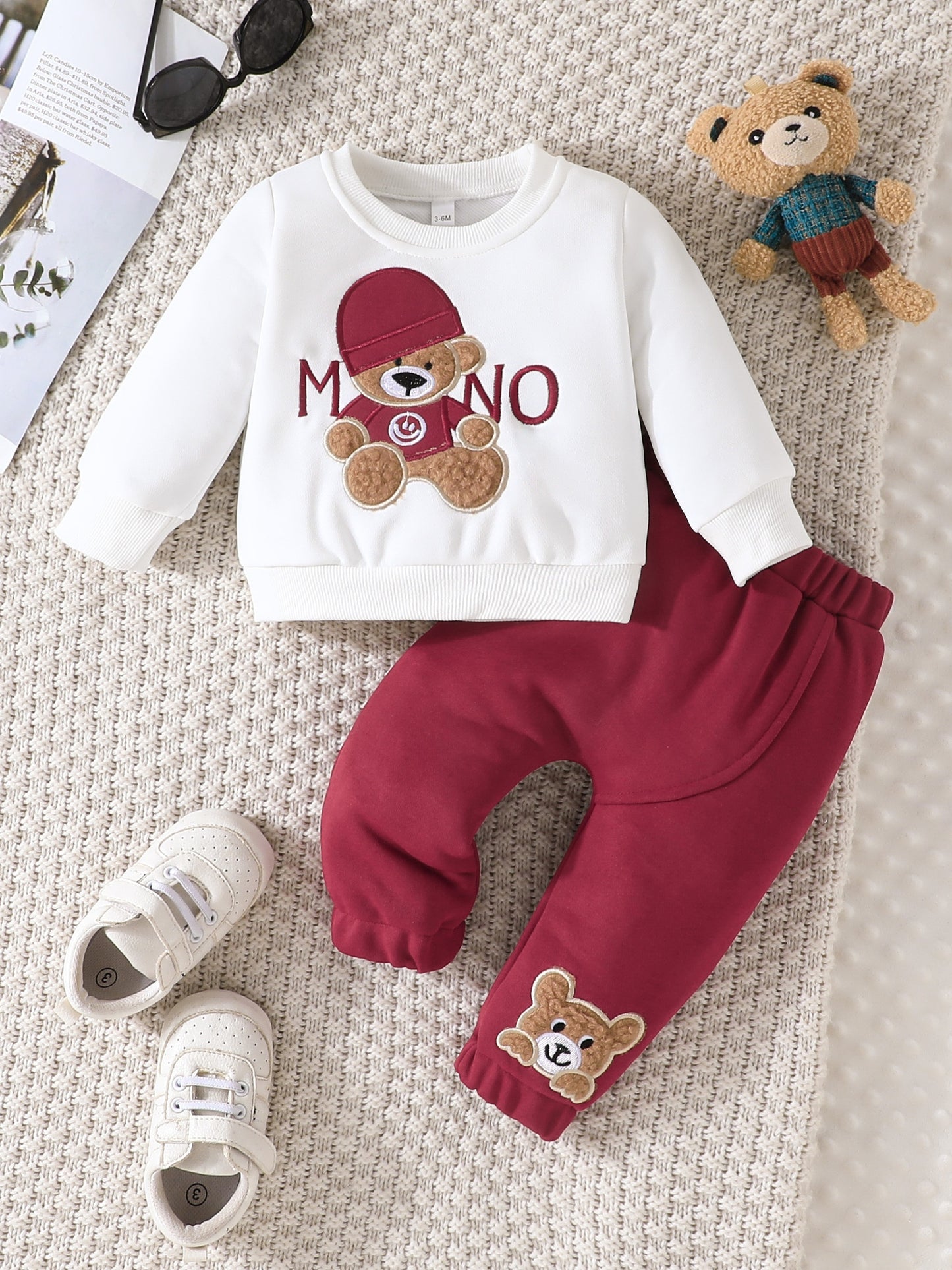 Baby  Cute Little Bear Print Sweatshirt Set, Long Sleeve Round Neck Top