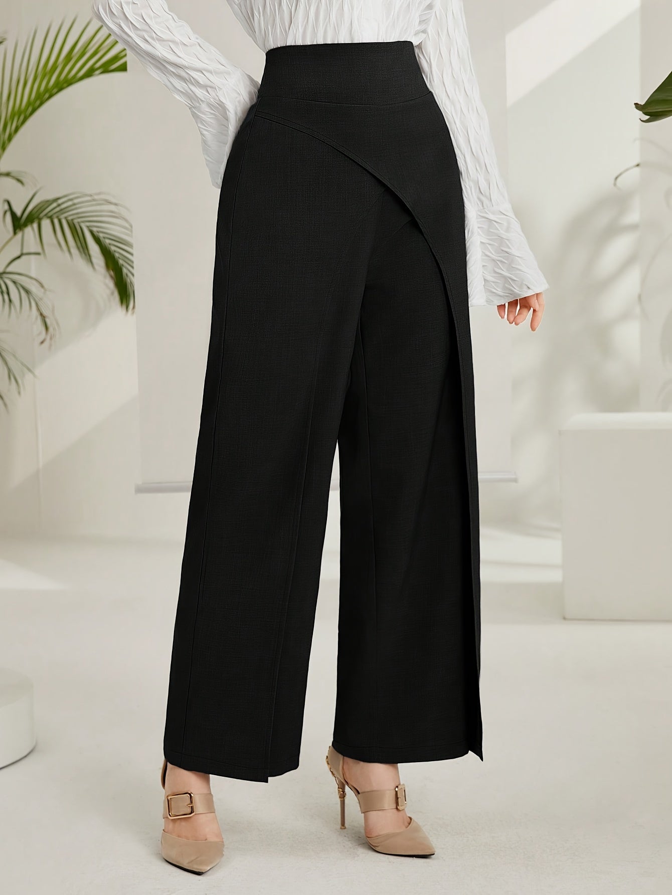 Solid Wide-Leg Layered Pants  | Product Universal