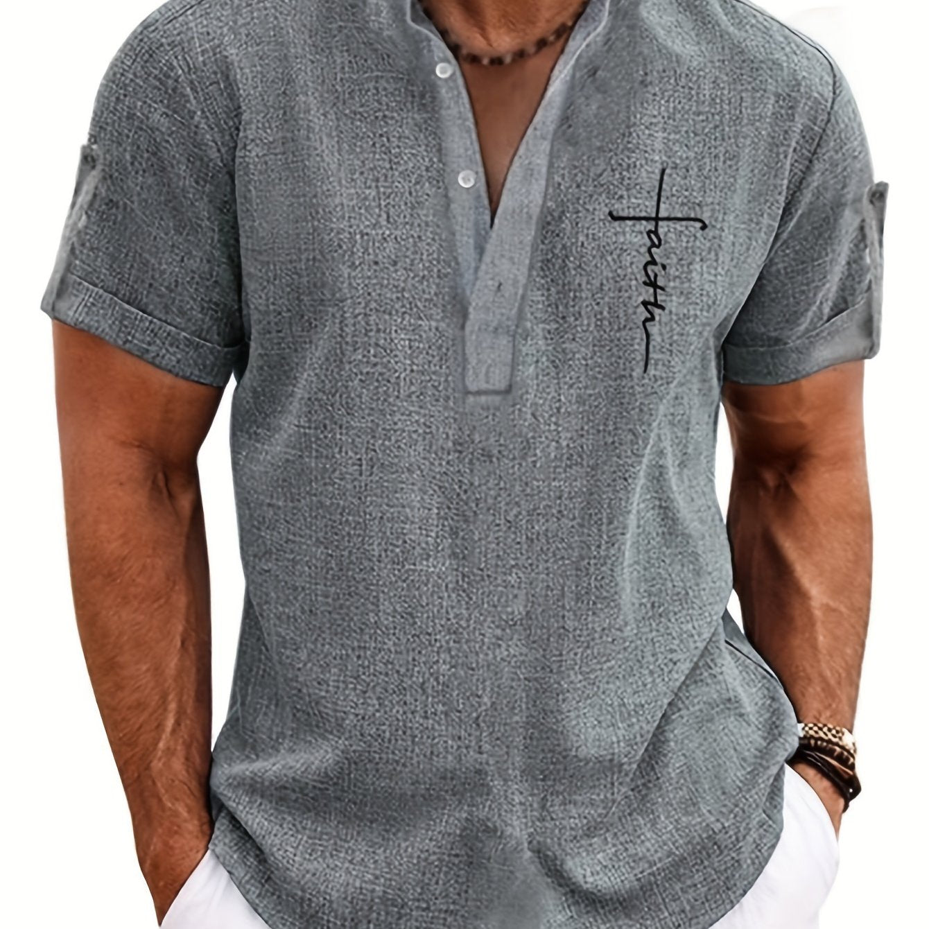 Men's Letter Print "FAITH" Short Sleeve Stand Collar Henley Shirt,