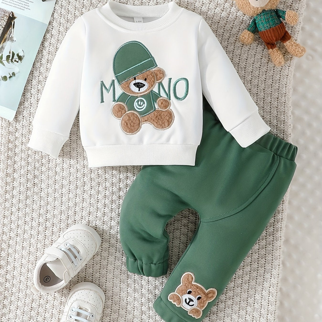 Baby  Cute Little Bear Print Sweatshirt Set, Long Sleeve Round Neck Top