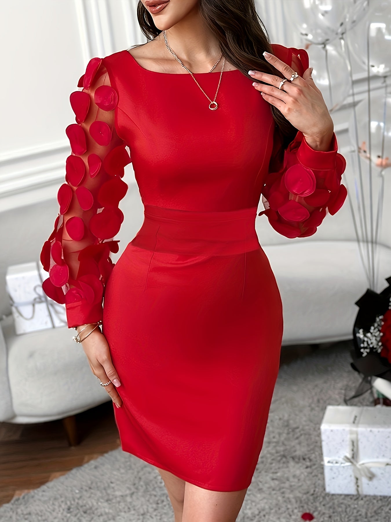 Applique Tie Back Slim Dress, Elegant Square Neck Lantern Sleeve Bodycon Dress.