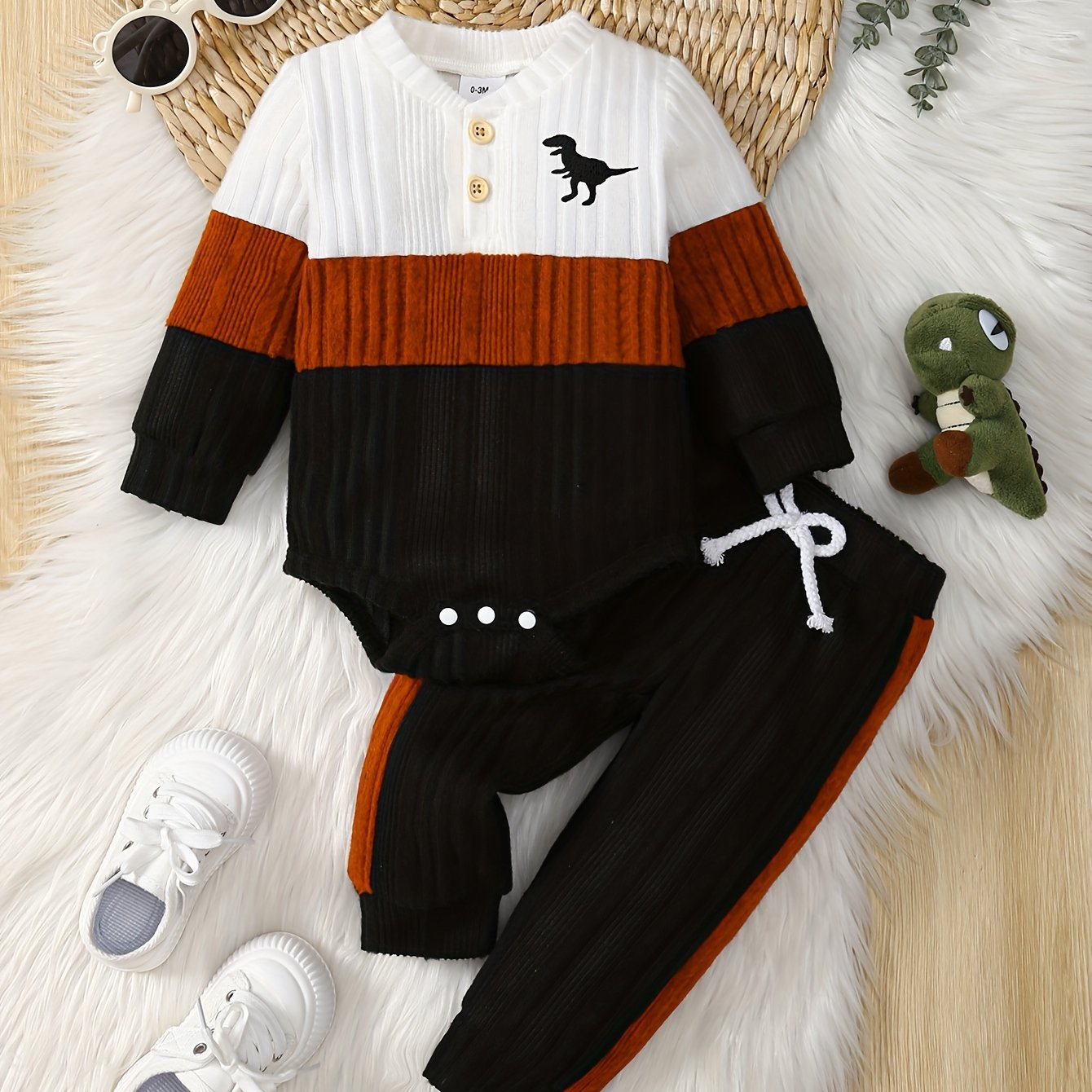 2pcs Cute Dinosaur Embroidered Striped Color Block Long Sleeve Bodysuit and Faux Drawstring Jogger Pants Set,