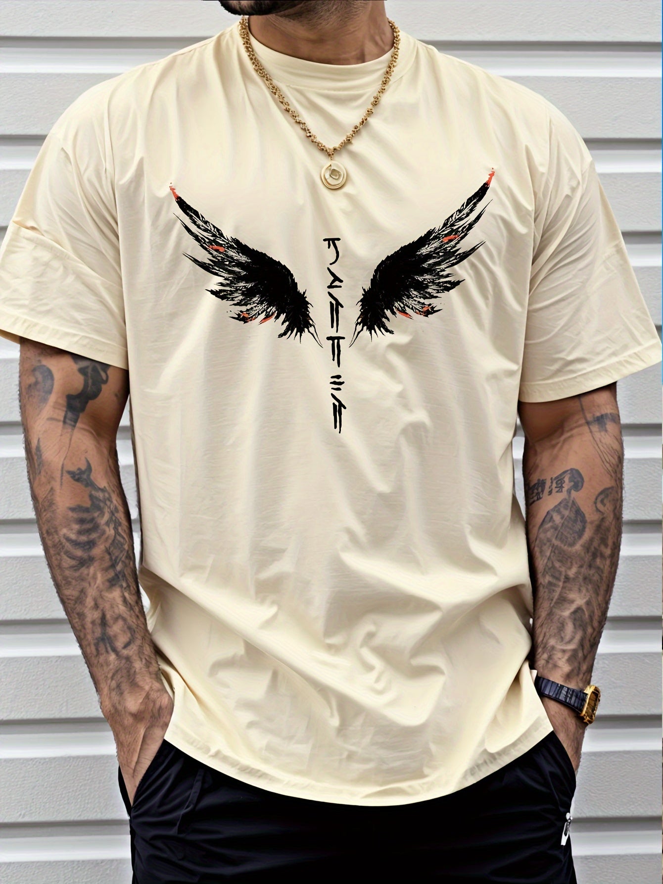 Wings Print Men's Creative Top, Casual Short Sleeve Crew Neck T-shirt, Men's.