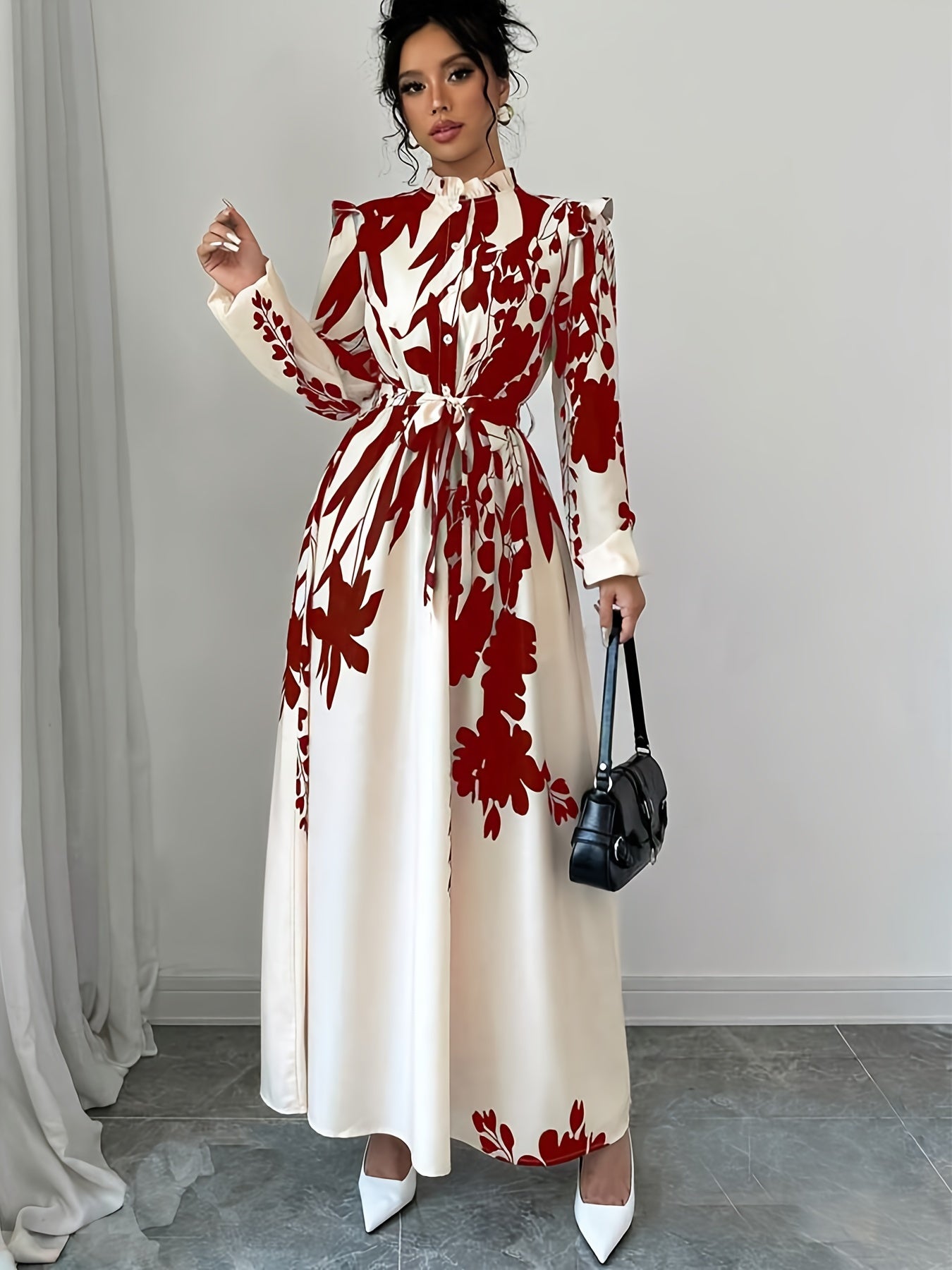 Elegant Floral Print Long Sleeve Dress.