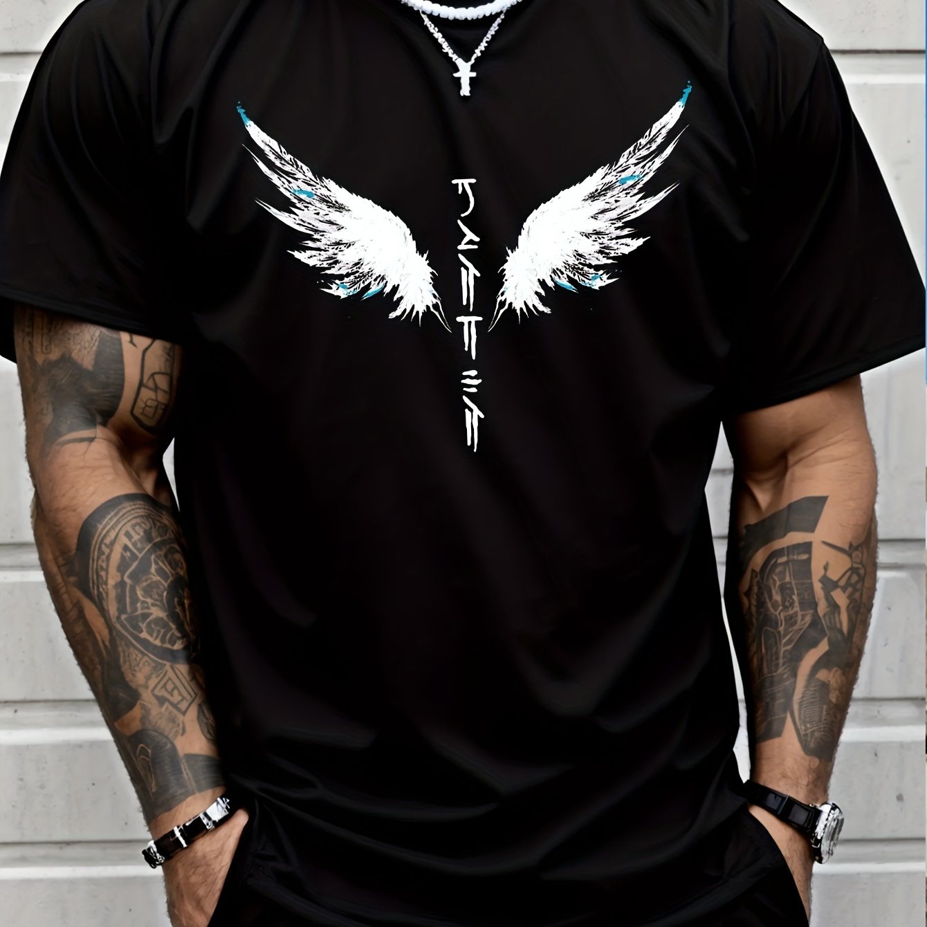 Wings Print Men's Creative Top, Casual Short Sleeve Crew Neck T-shirt, Men's.