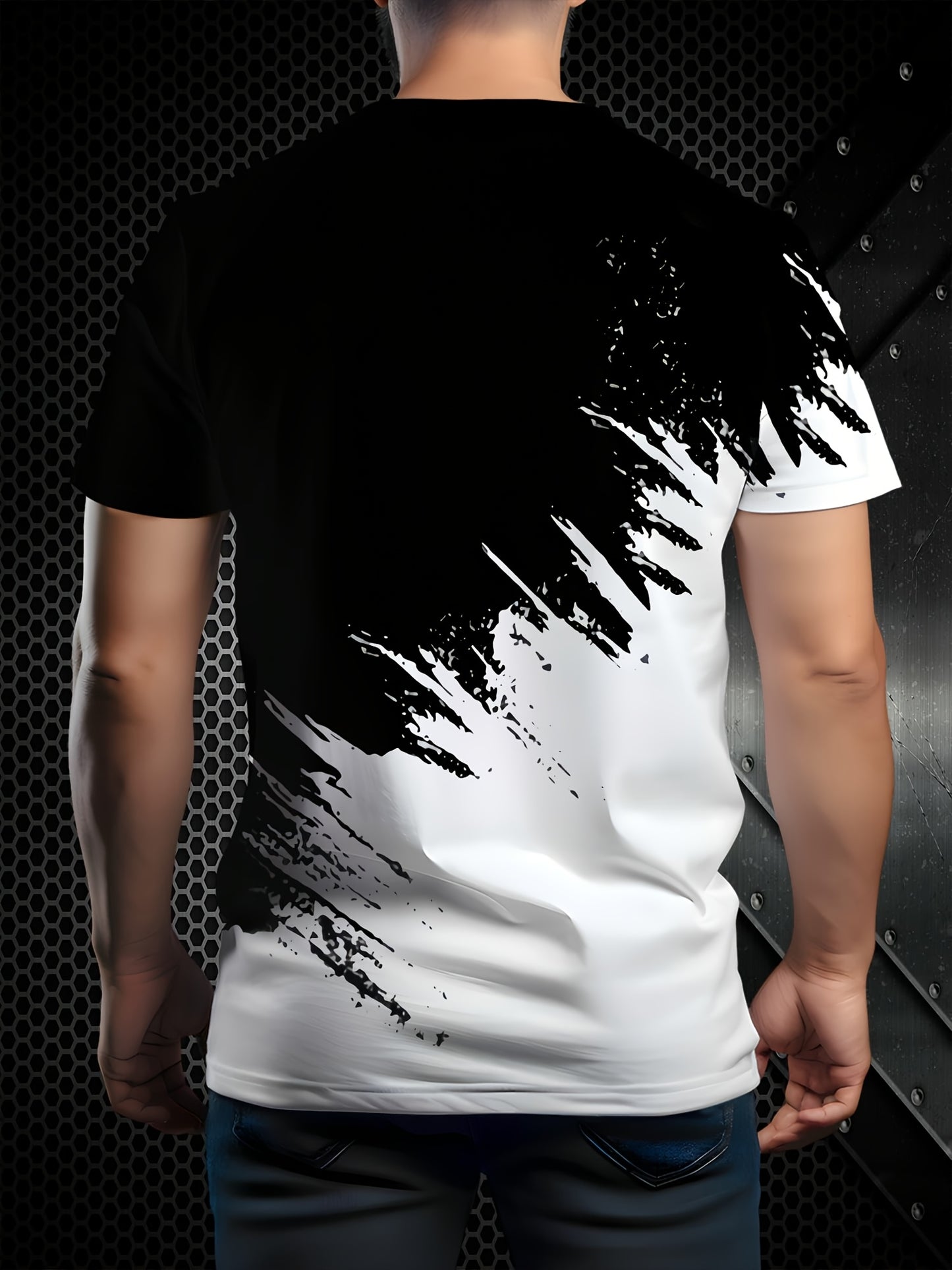 Men’s 3D Print Black and White Colour Block T-Shirt | Product Universal