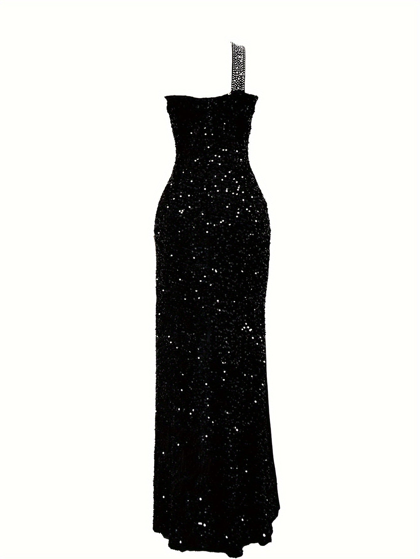 Rhinestone Decor One-shoulder Dress, Elegant Sleeveless Floor Length Dress, Women's Clothing