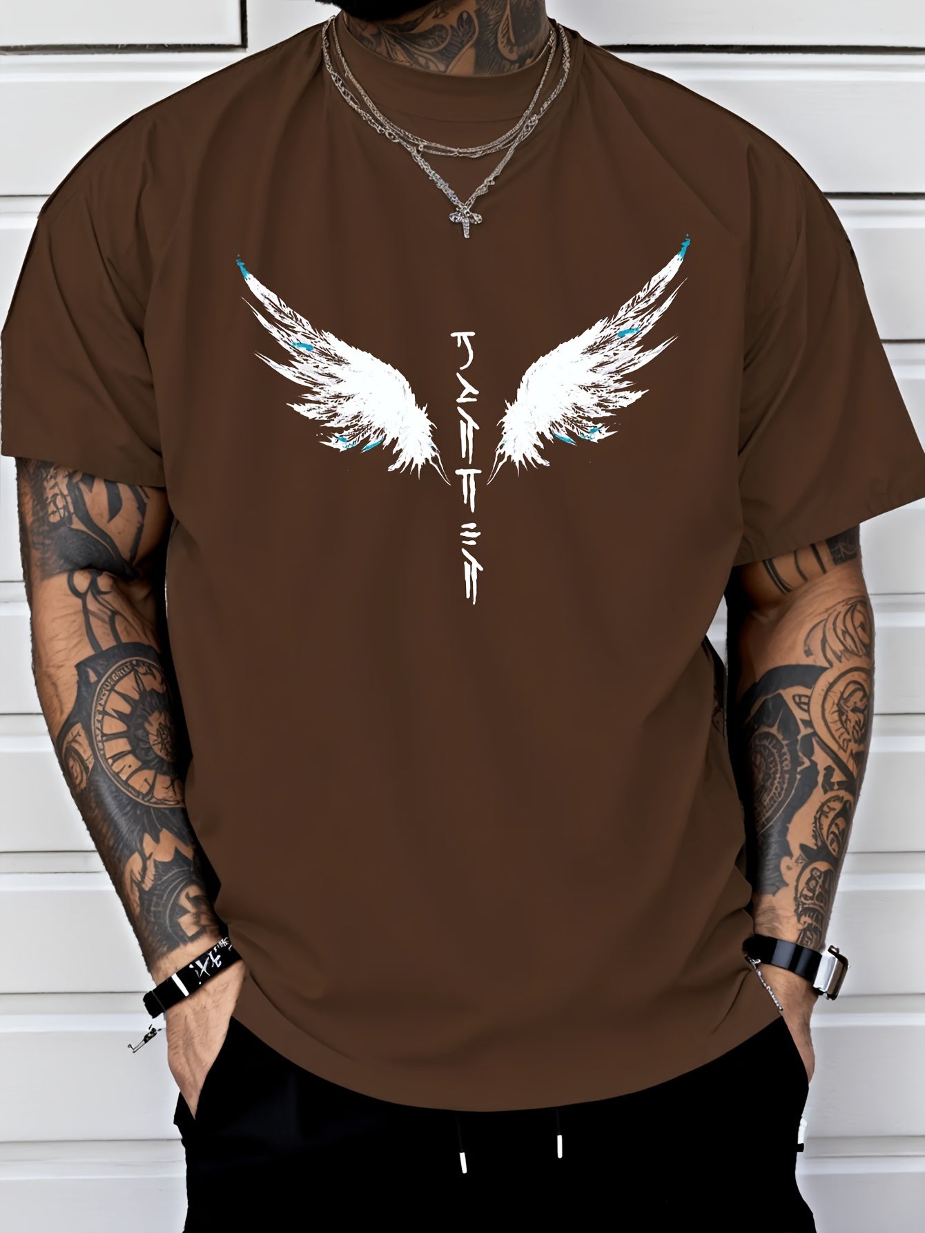 Wings Print Men's Creative Top, Casual Short Sleeve Crew Neck T-shirt, Men's.