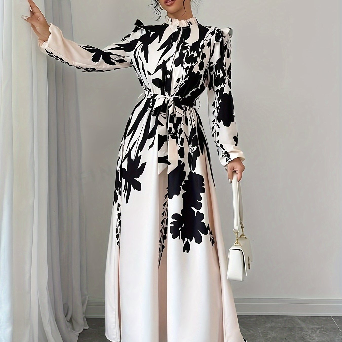 Elegant Floral Print Long Sleeve Dress.