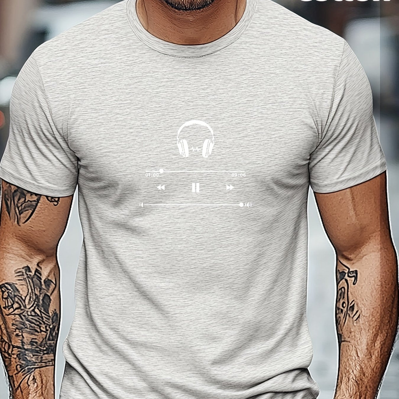 Men's Cotton T-Shirt with Headphones Music Design.