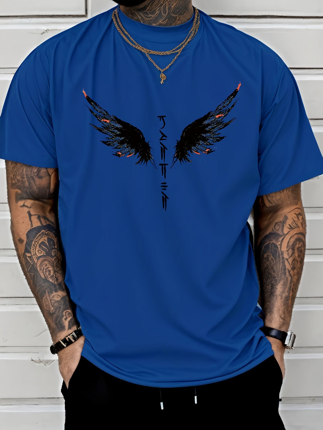 Wings Print Men's Creative Top, Casual Short Sleeve Crew Neck T-shirt, Men's.