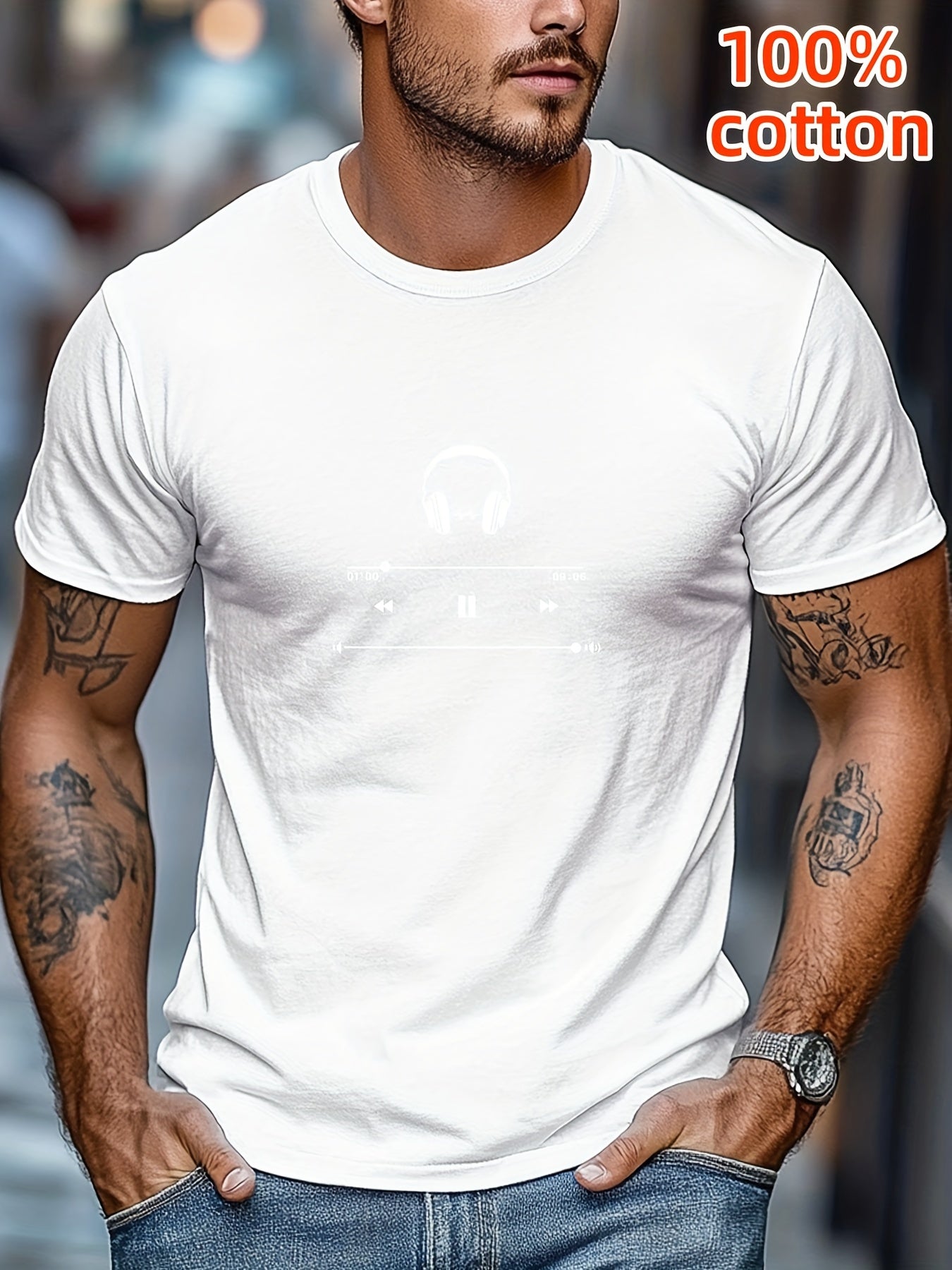 Men's Cotton T-Shirt with Headphones Music Design.