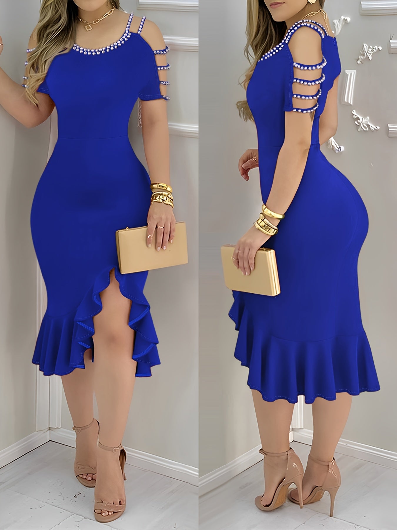 Chic Beaded U-Neck Short Sleeve Ruffle Hem Bodycon Dress,