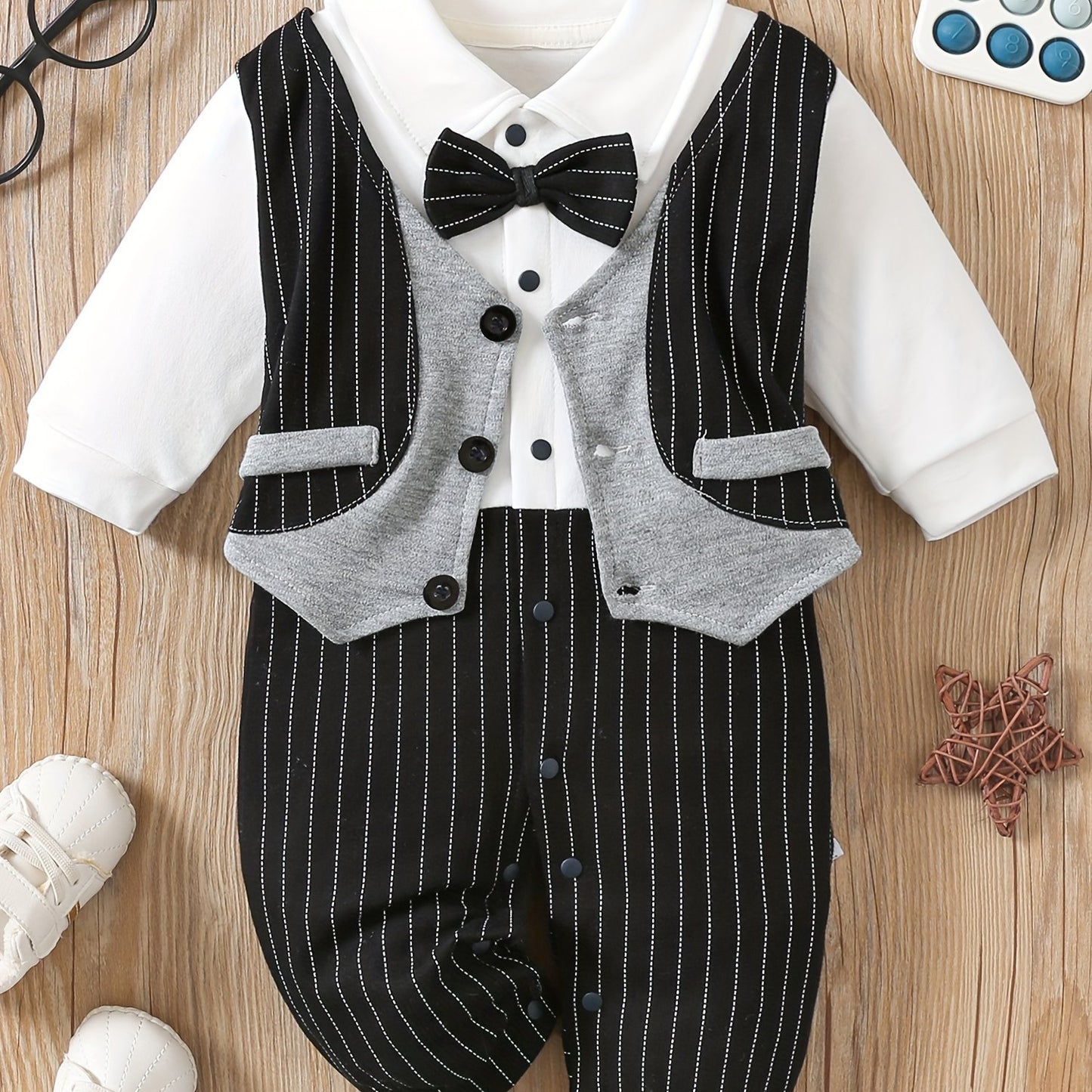 Chic Striped Cotton Romper for Baby Boys - Faux Two-Piece, Perfect for Birthdays &