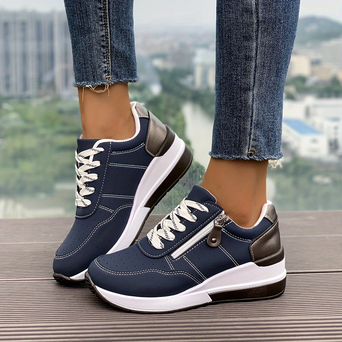 Women's Chunky Sneakers, Lace Up & Side Zipper