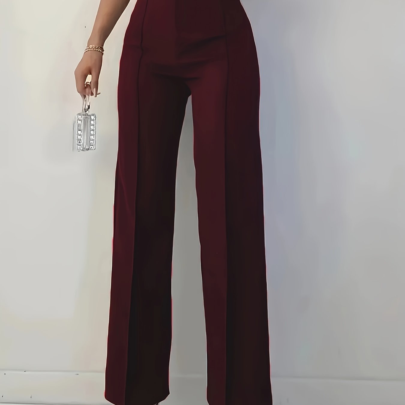 *Solid Color High Waist Straight Leg Pants, Elegant Pants Women's Clothing.