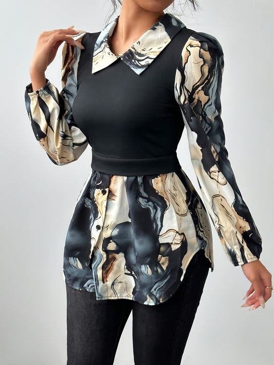 Contrast Collar Marble Print Blouse Stylish Women's Clothing | Product Universal