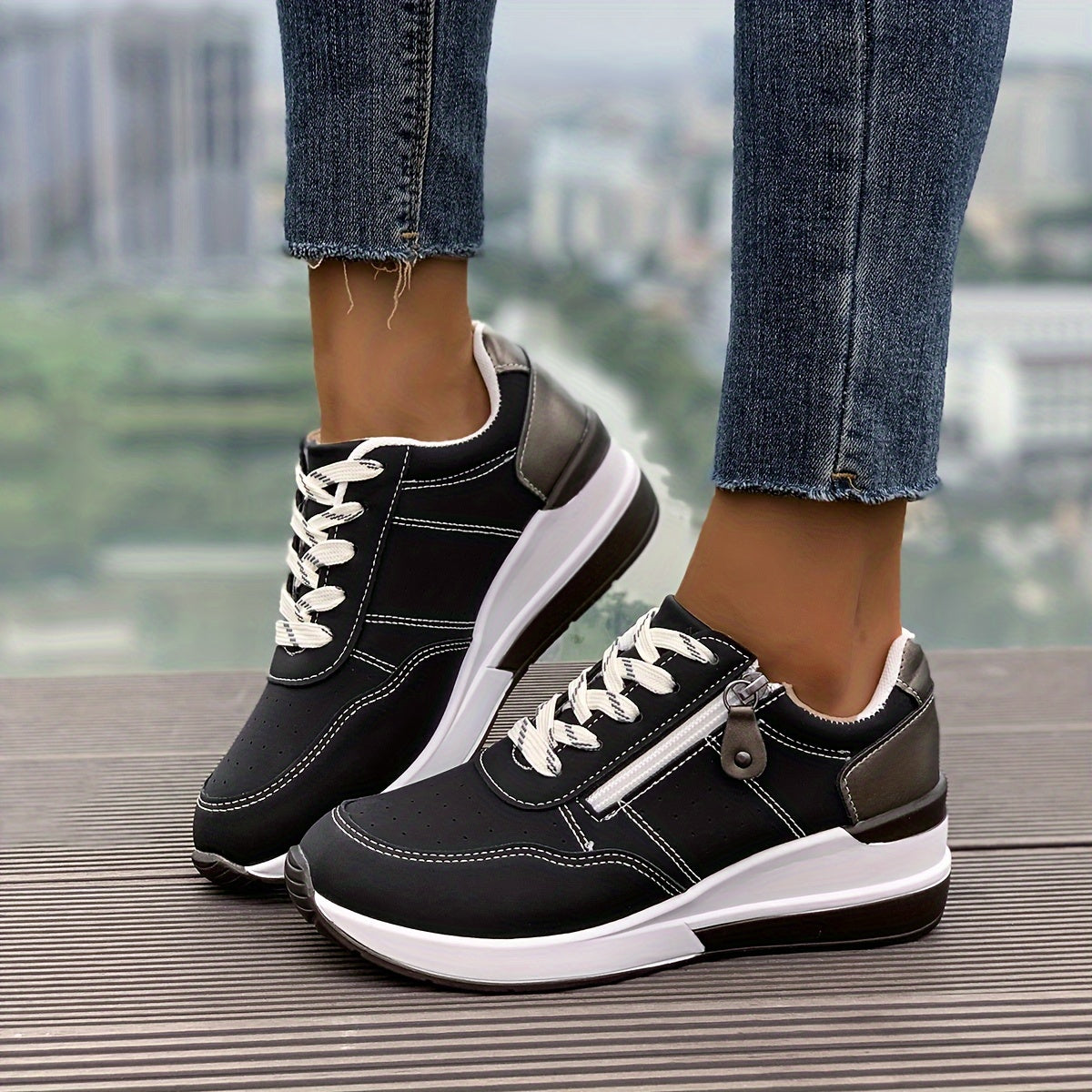 Women's Chunky Sneakers, Lace Up & Side Zipper