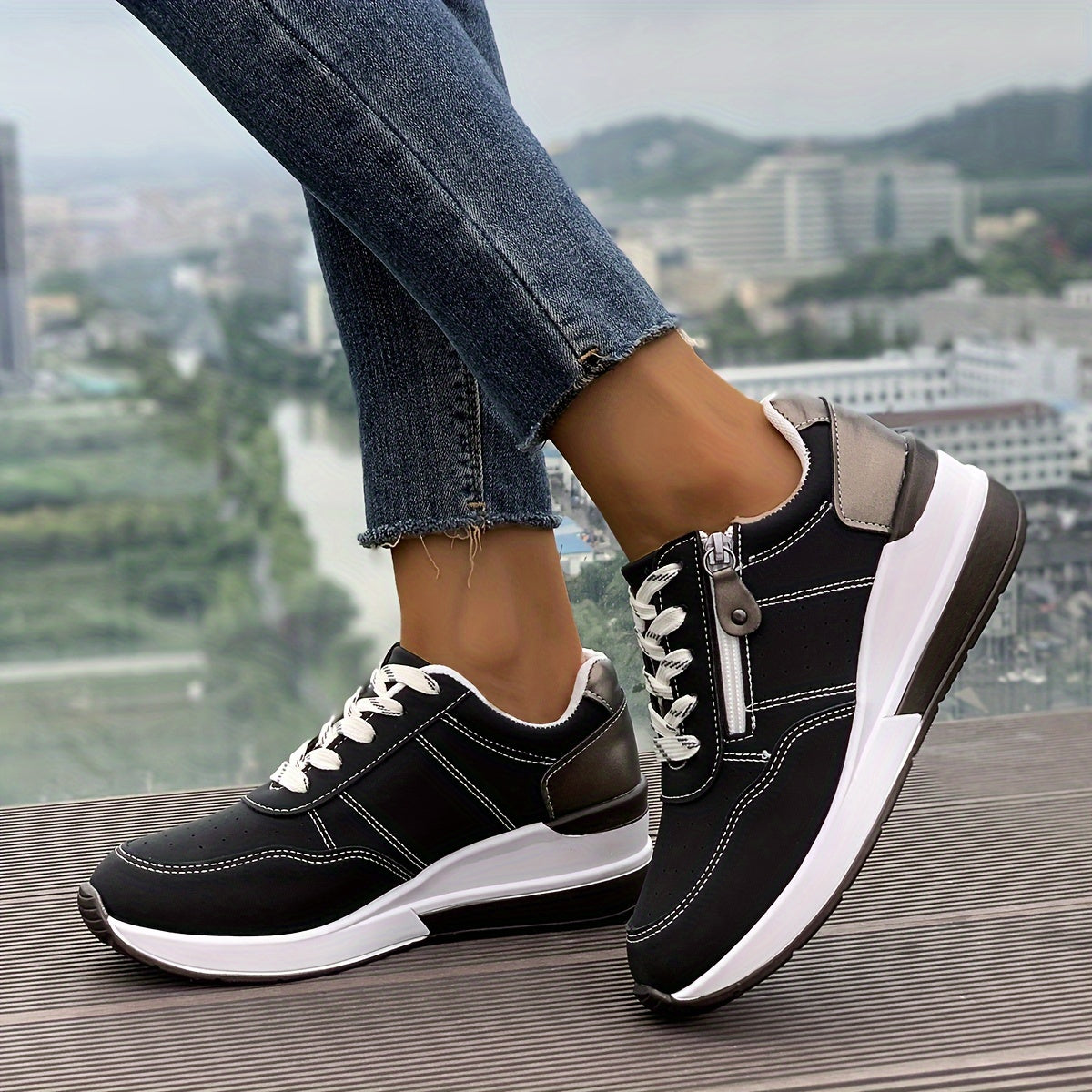 Women's Chunky Sneakers, Lace Up & Side Zipper