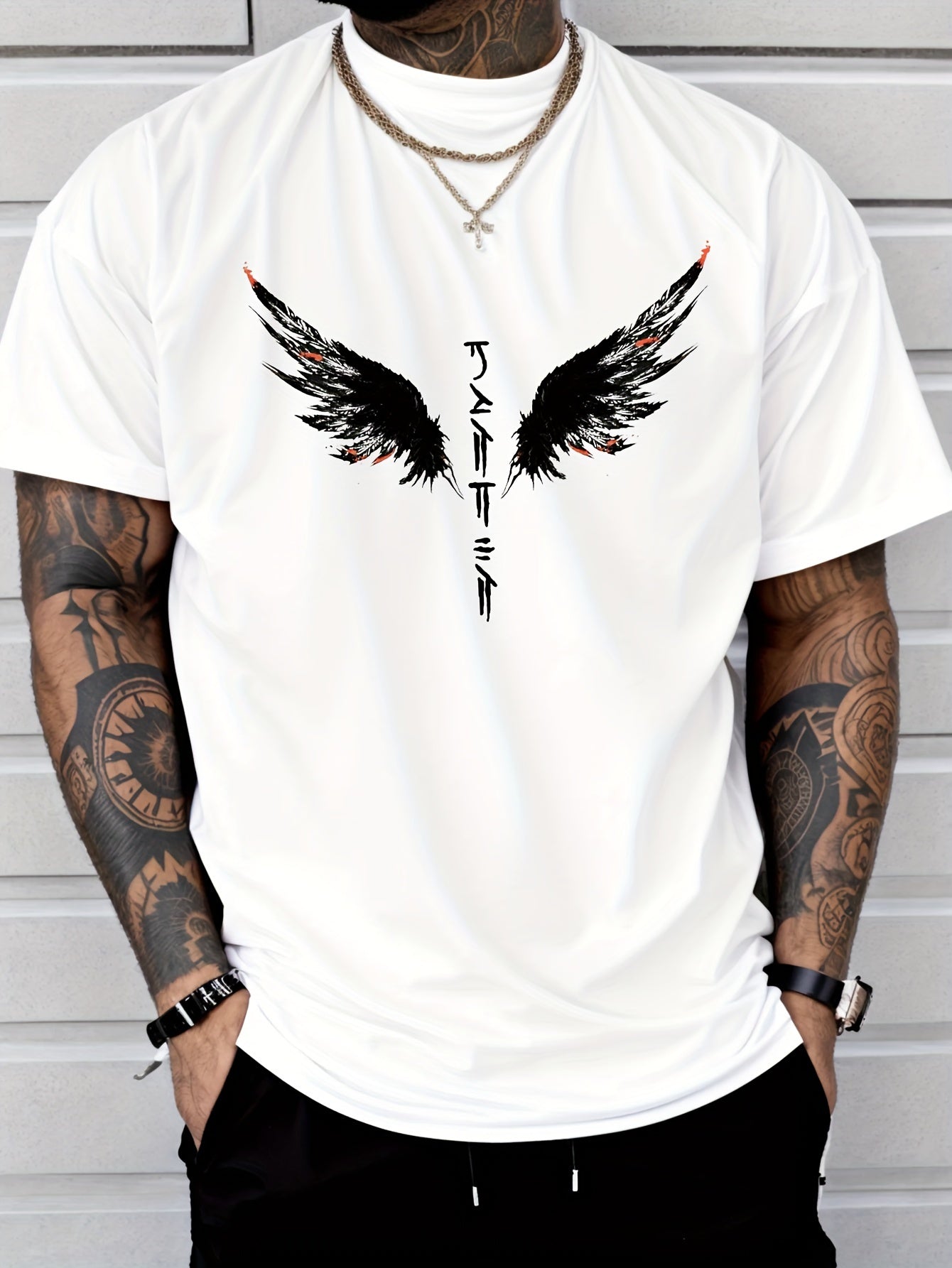 Wings Print Men's Creative Top, Casual Short Sleeve Crew Neck T-shirt, Men's.