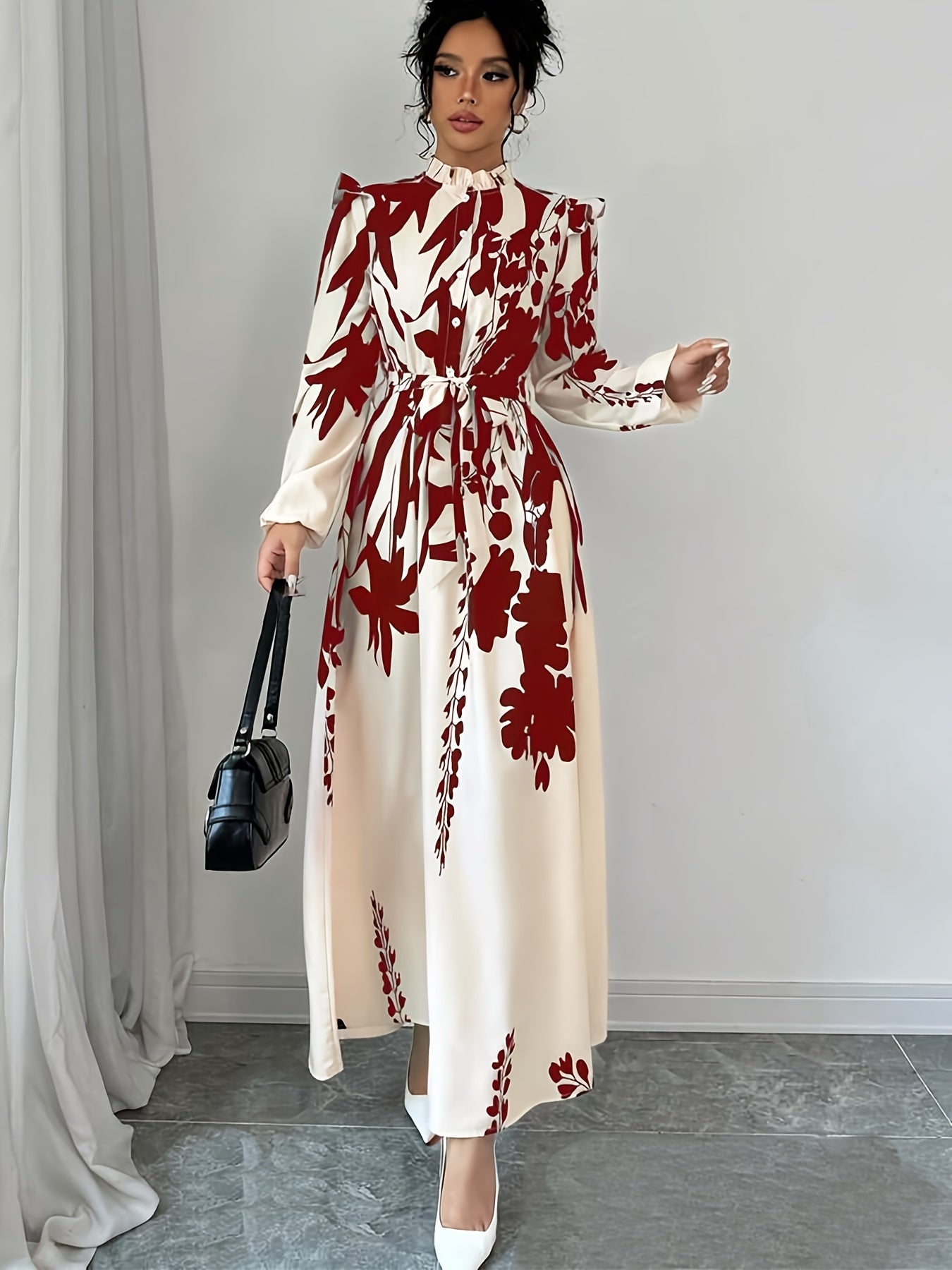 Elegant Floral Print Long Sleeve Dress.