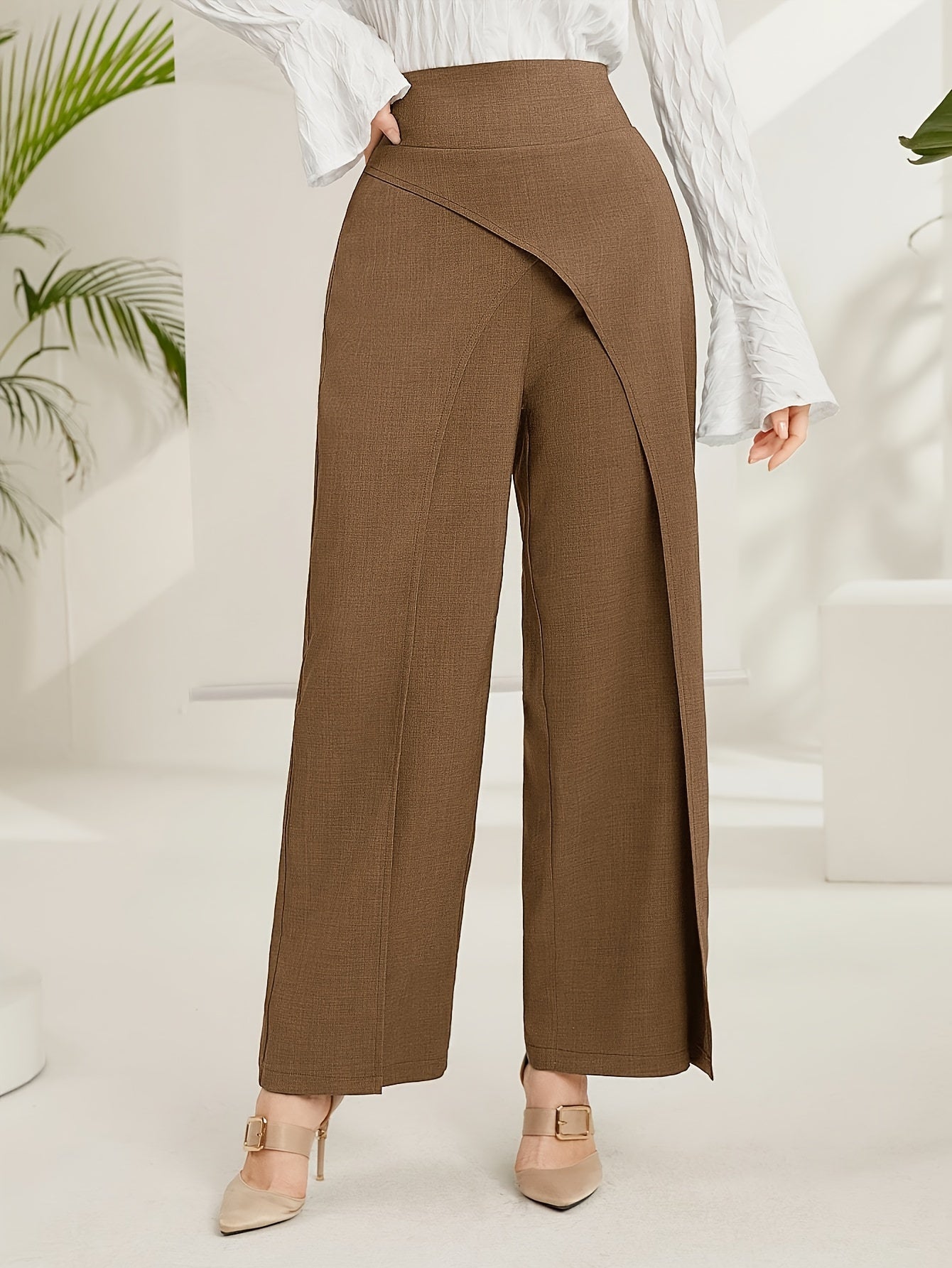 Solid Wide-Leg Layered Pants  | Product Universal