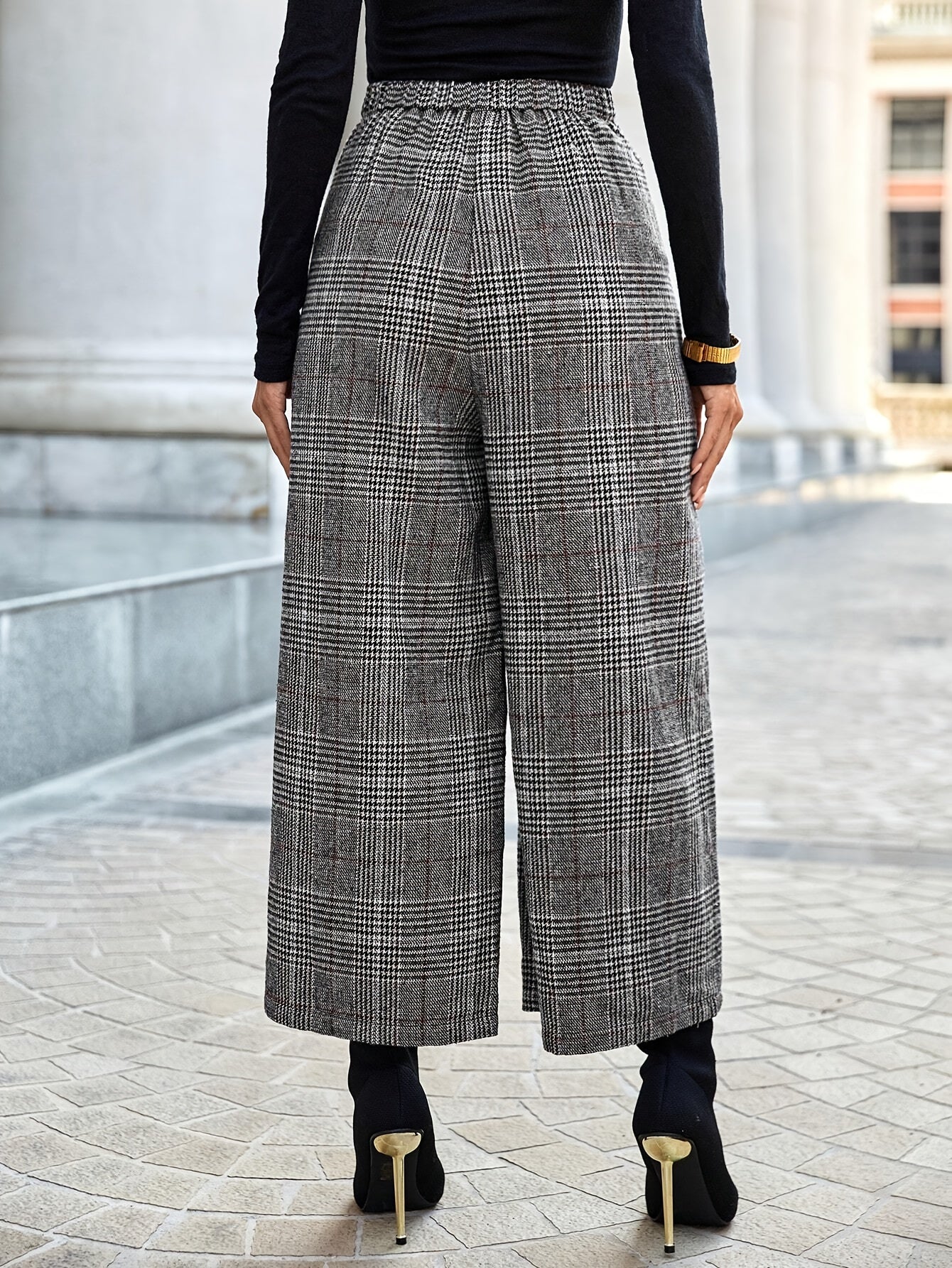 Plaid Button-Decor High-Waist Pants  Elegant Wide-Leg Pants  | Product Universal