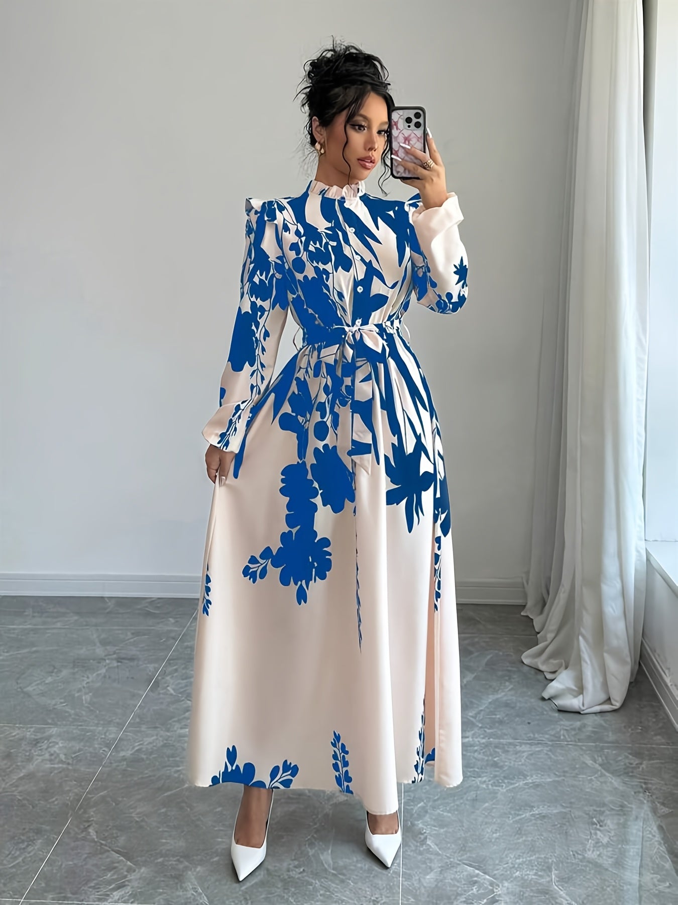 Elegant Floral Print Long Sleeve Dress.