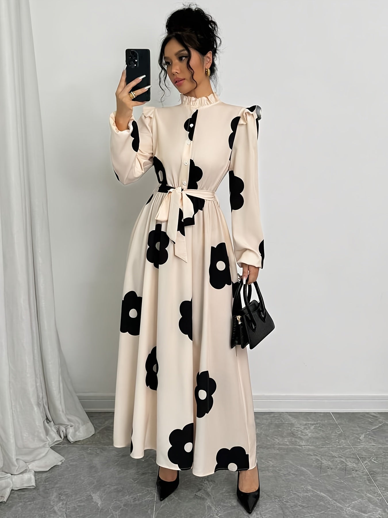 Elegant Floral Print Long Sleeve Dress.