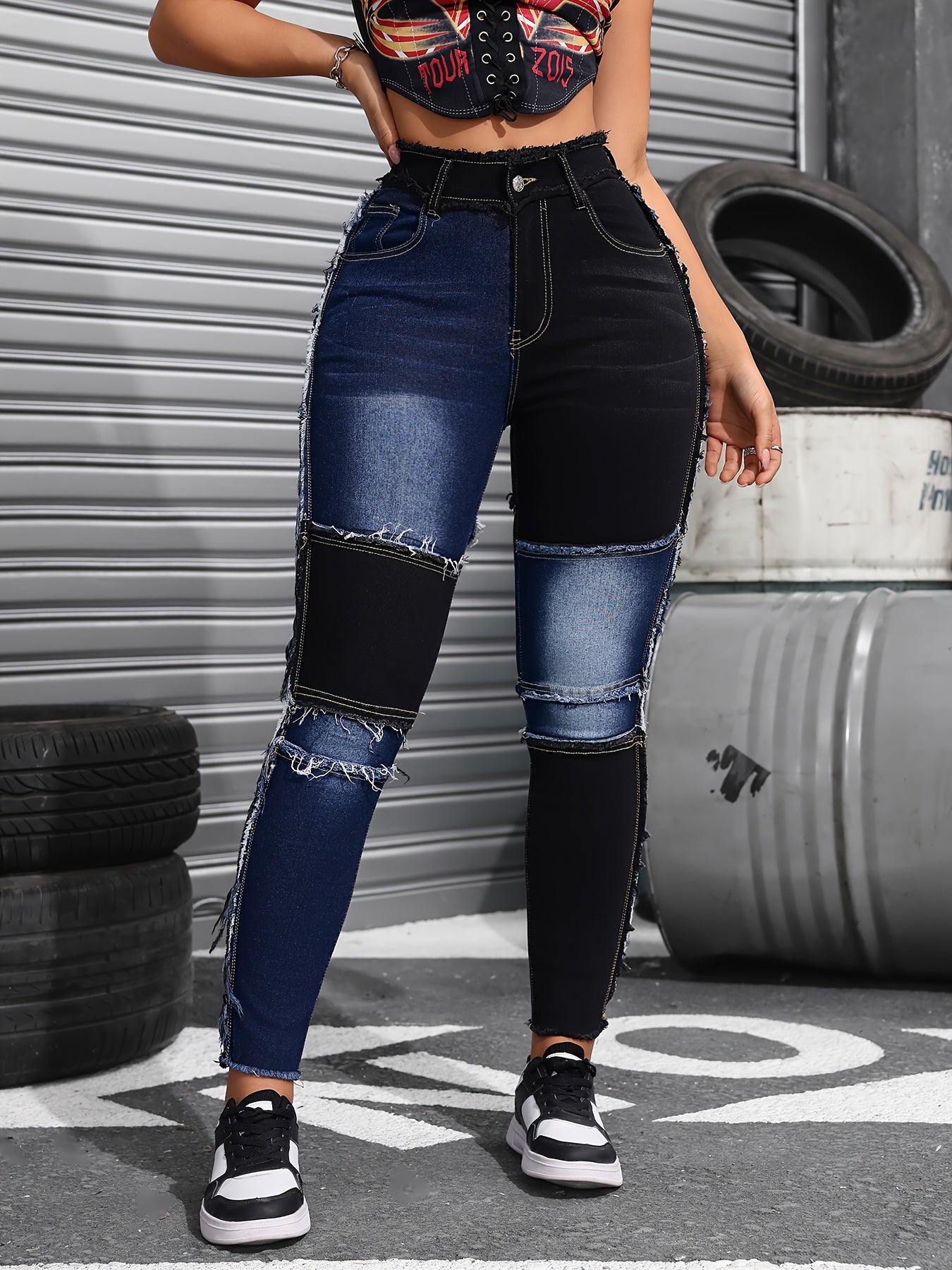 Women's Stretchy Colorblock Skinny Jeans High Waist | Product Universal