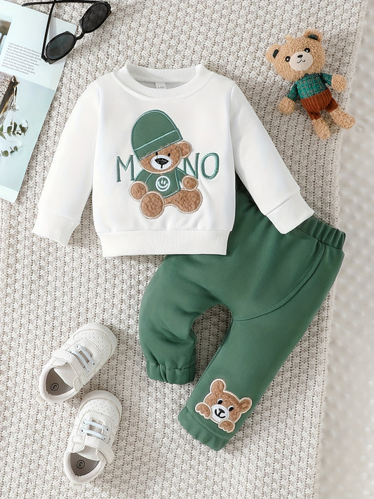 Baby  Cute Little Bear Print Sweatshirt Set, Long Sleeve Round Neck Top