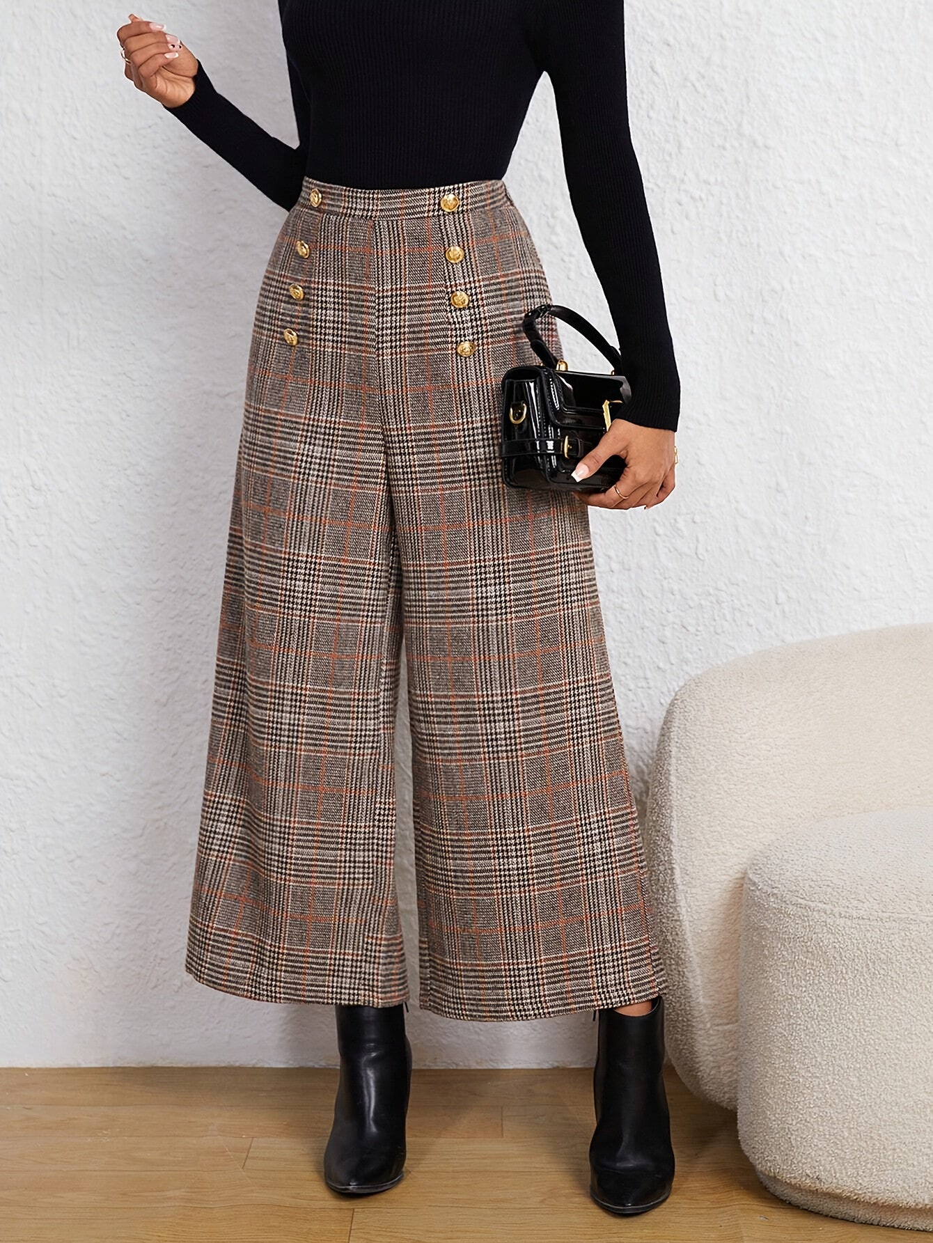 Plaid Button-Decor High-Waist Pants  Elegant Wide-Leg Pants  | Product Universal