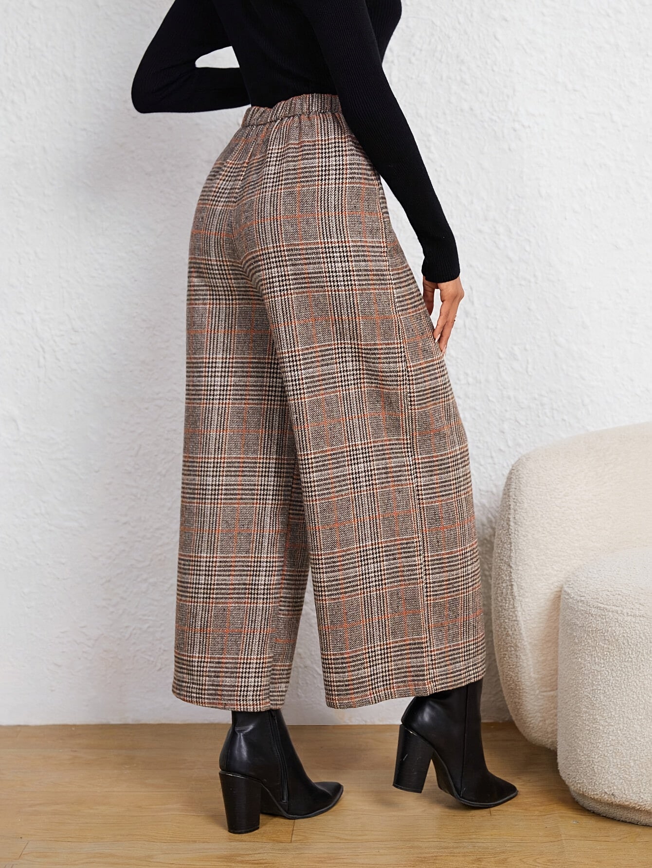 Plaid Button-Decor High-Waist Pants  Elegant Wide-Leg Pants  | Product Universal