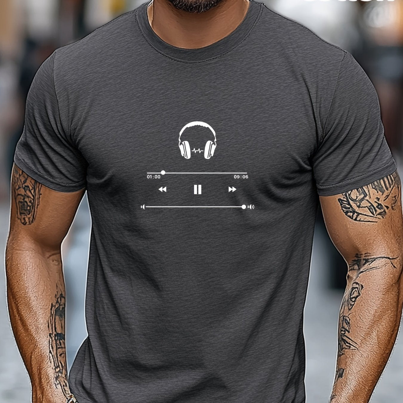 Men's Cotton T-Shirt with Headphones Music Design.