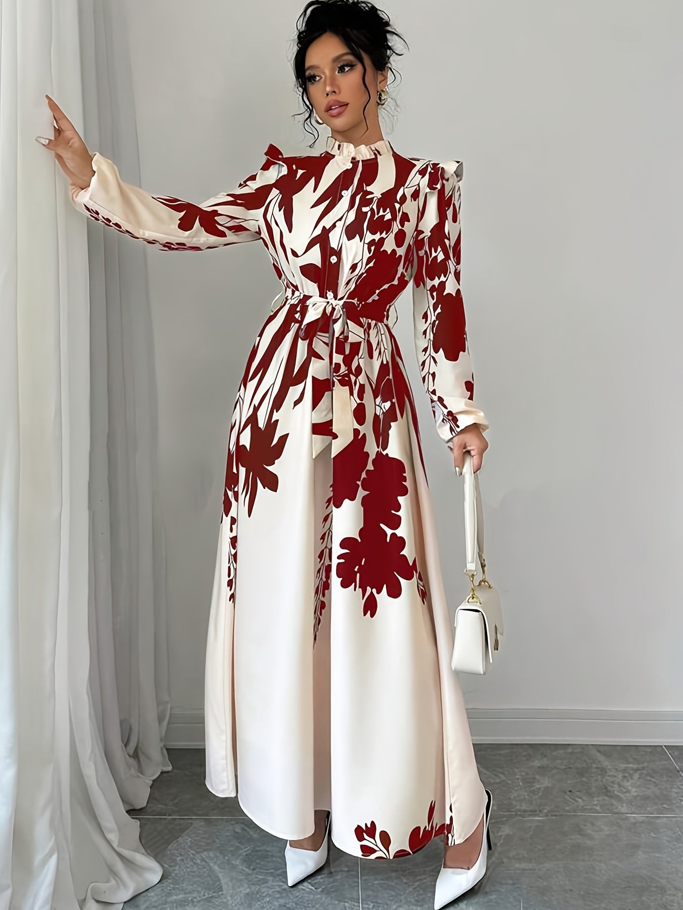 Elegant Floral Print Long Sleeve Dress.